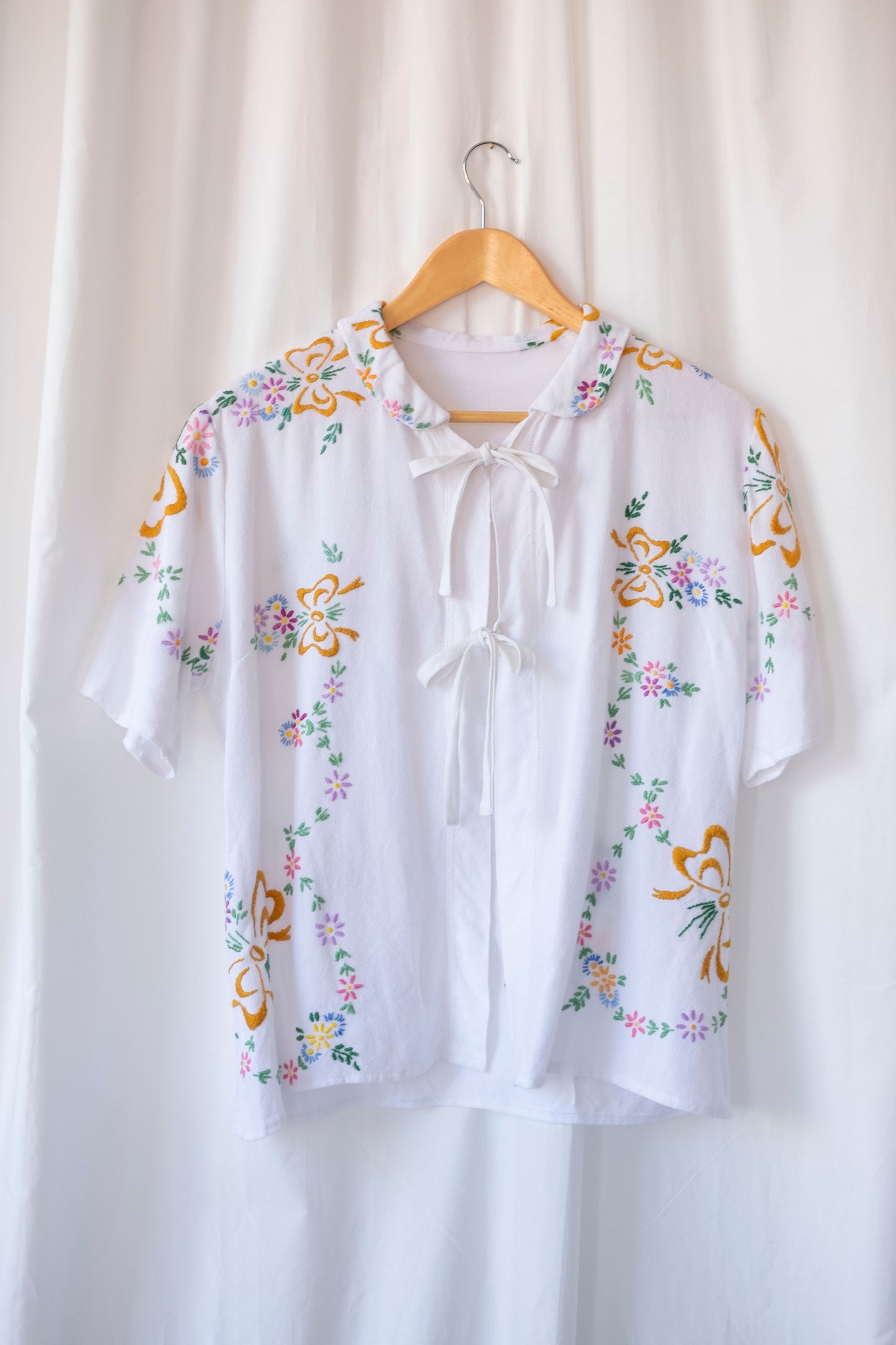 Gardenia ~ Reworked Embroidered Tablecloth Shirt ~ M