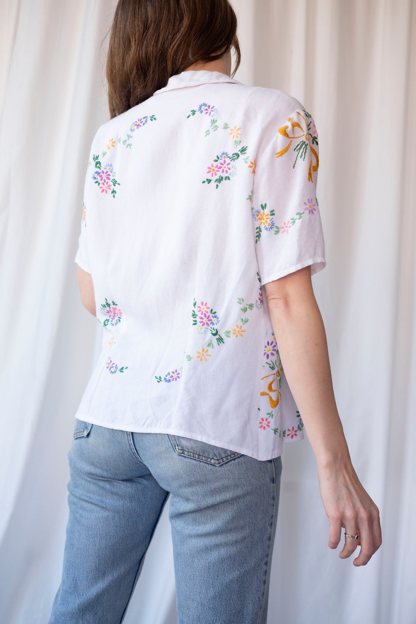 Gardenia ~ Reworked Embroidered Tablecloth Shirt ~ M