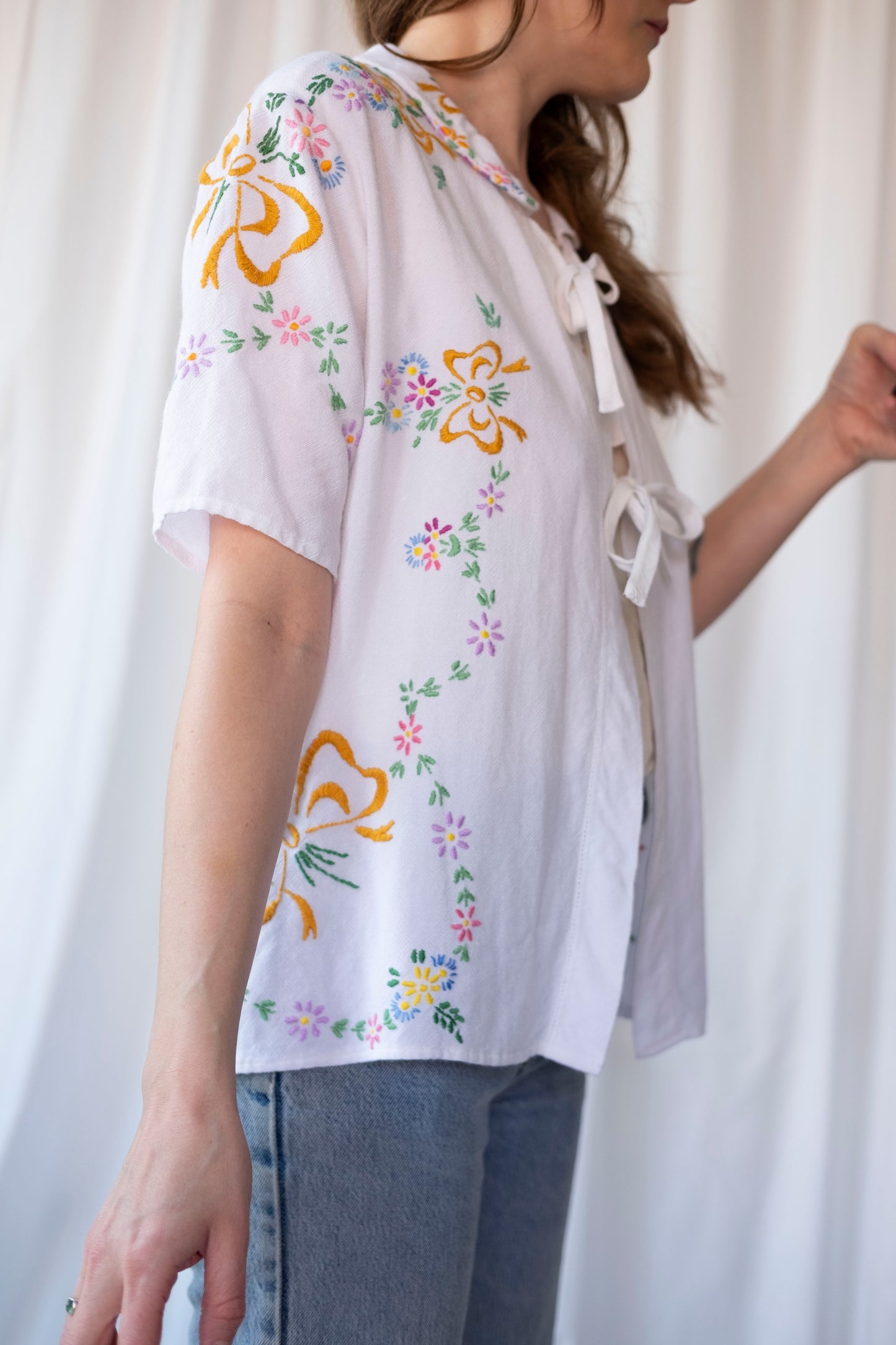 Gardenia ~ Reworked Embroidered Tablecloth Shirt ~ M