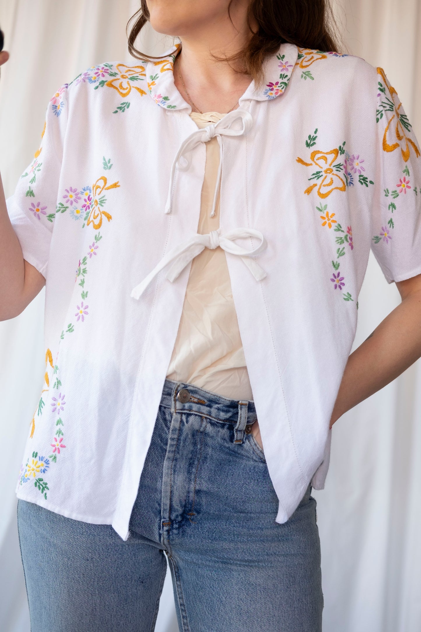 Gardenia ~ Reworked Embroidered Tablecloth Shirt ~ M