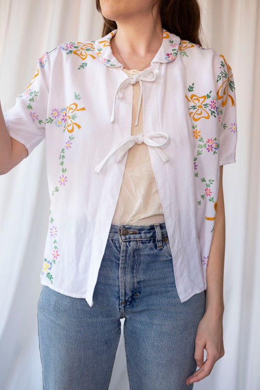 Gardenia ~ Reworked Embroidered Tablecloth Shirt ~ M