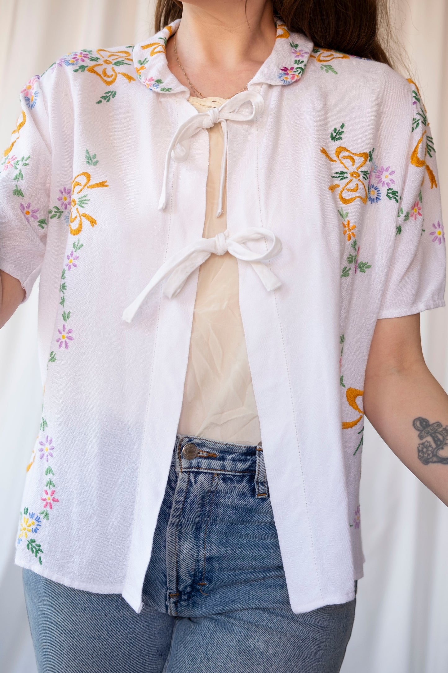 Gardenia ~ Reworked Embroidered Tablecloth Shirt ~ M