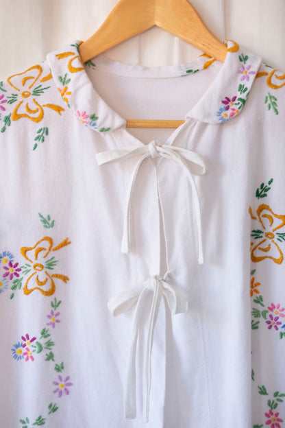 Gardenia ~ Reworked Embroidered Tablecloth Shirt ~ M