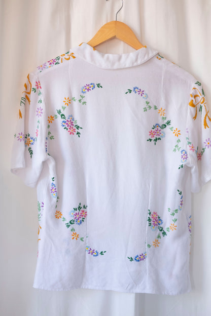 Gardenia ~ Reworked Embroidered Tablecloth Shirt ~ M