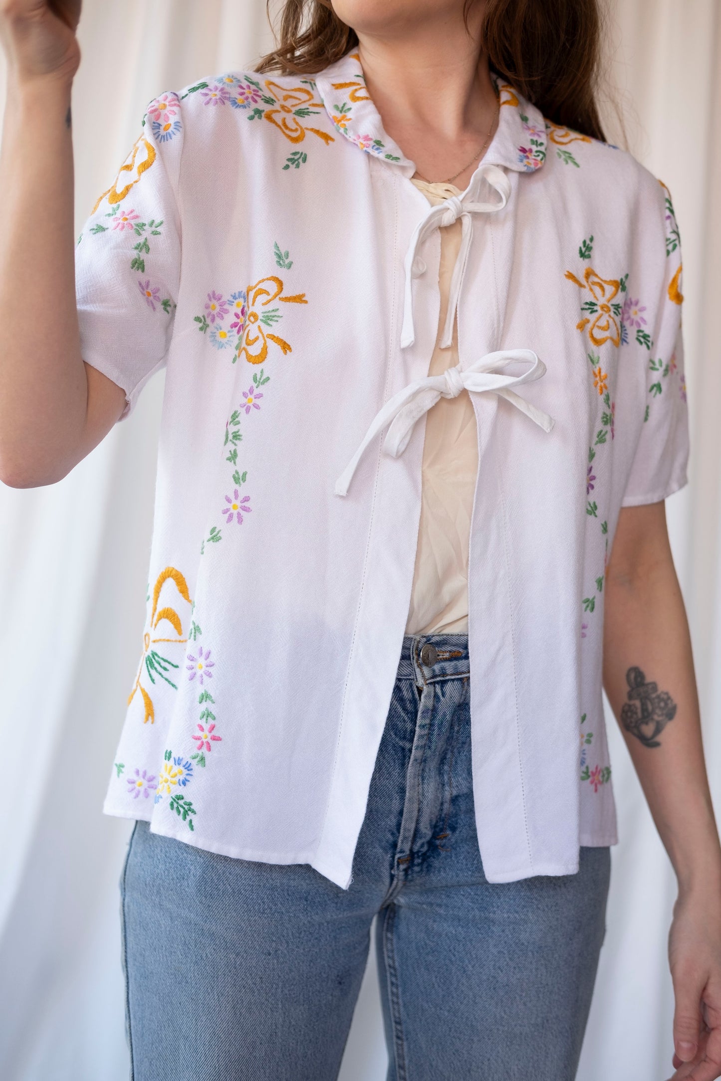 Gardenia ~ Reworked Embroidered Tablecloth Shirt ~ M