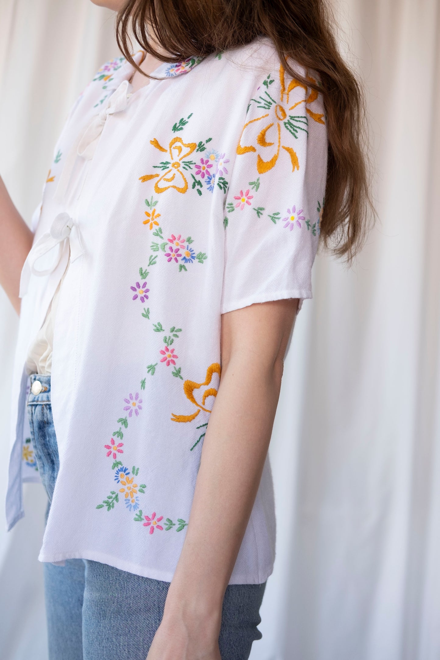 Gardenia ~ Reworked Embroidered Tablecloth Shirt ~ M