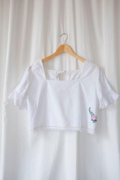 Gigi ~ Reworked Embroidered Crop Top with Tie Back - S