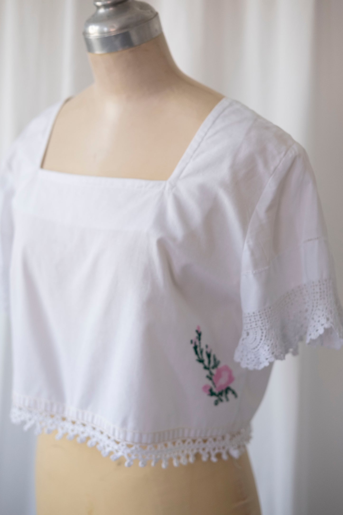 Gigi ~ Reworked Embroidered Crop Top with Tie Back - S