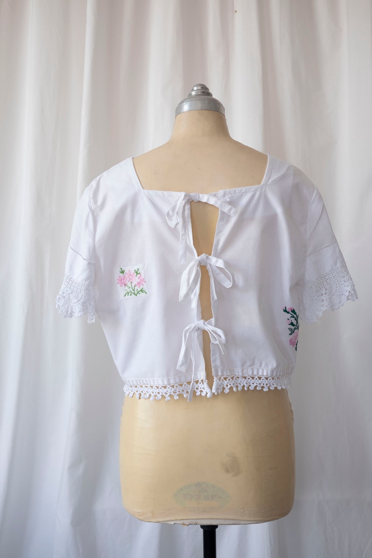 Gigi ~ Reworked Embroidered Crop Top with Tie Back - S