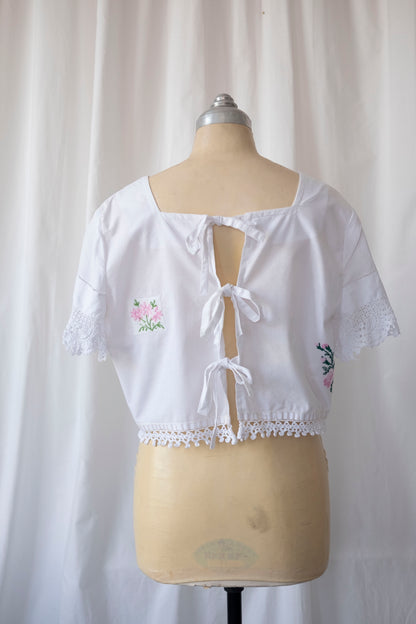 Gigi ~ Reworked Embroidered Crop Top with Tie Back - S