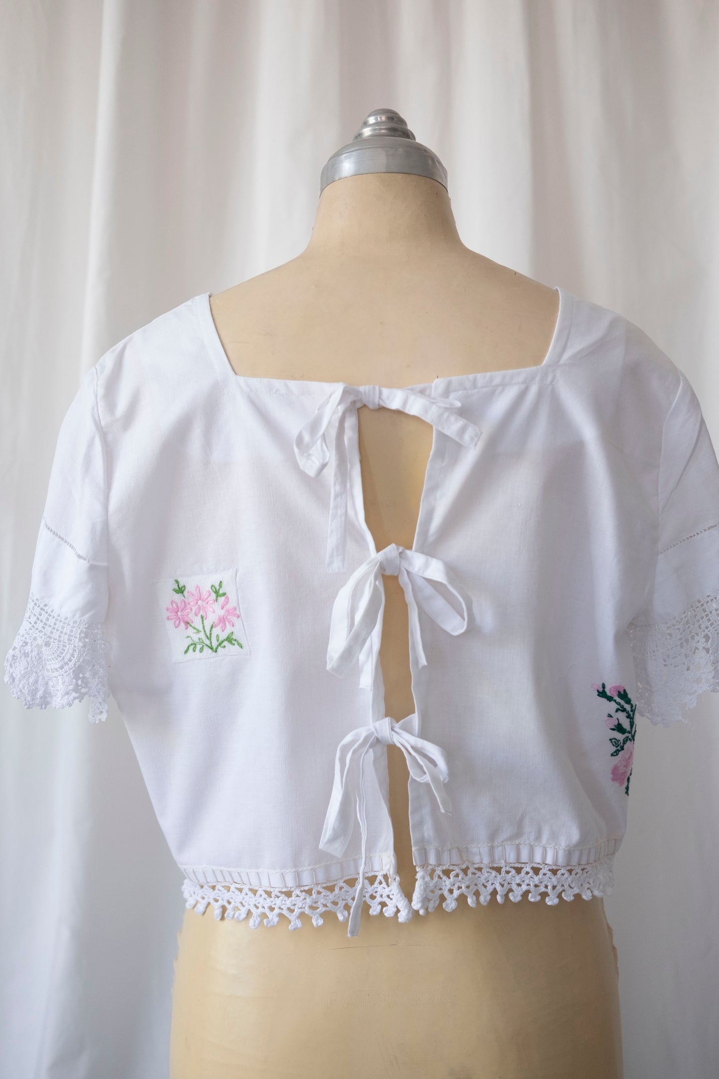 Gigi ~ Reworked Embroidered Crop Top with Tie Back - S