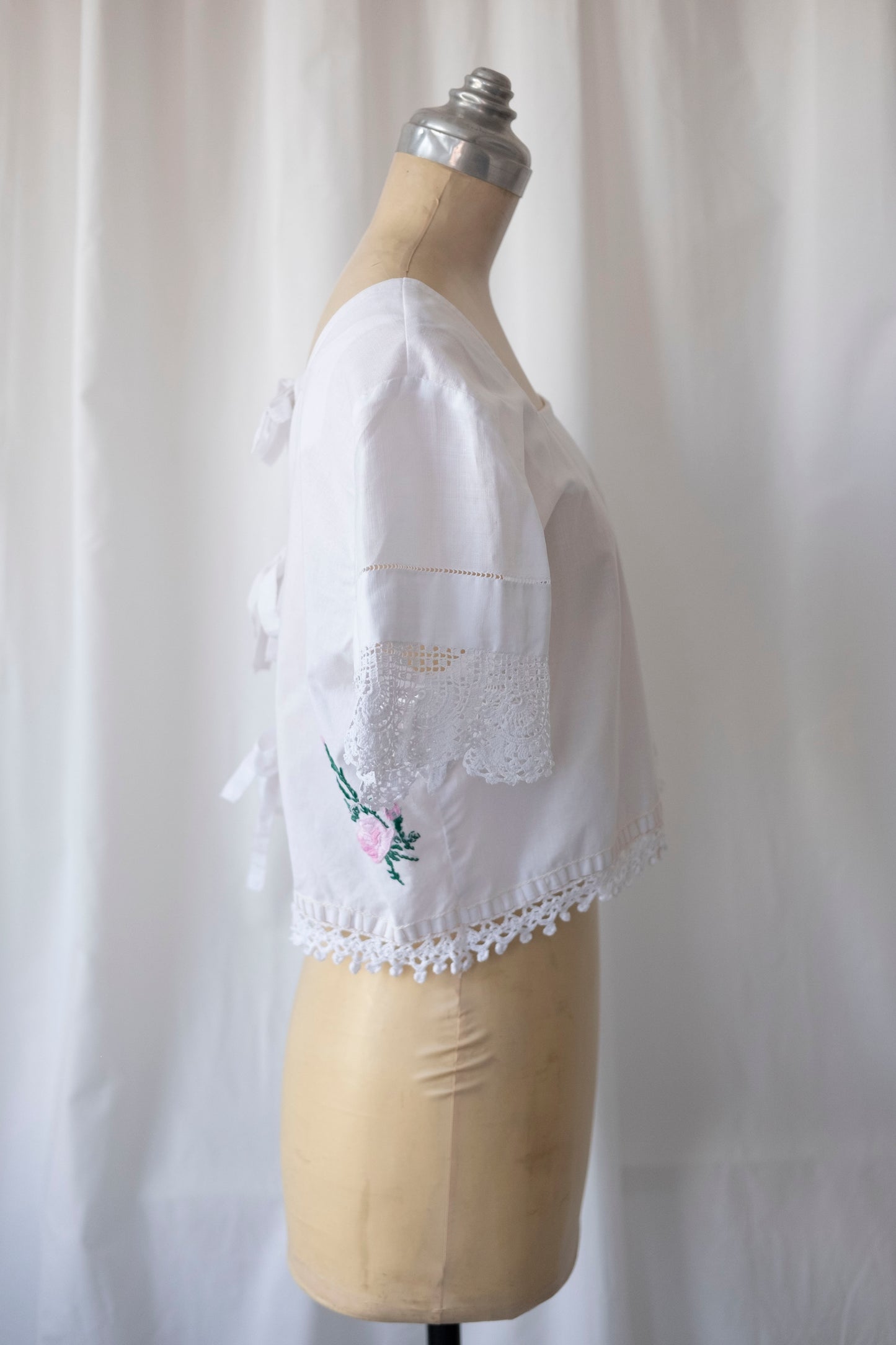 Gigi ~ Reworked Embroidered Crop Top with Tie Back - S