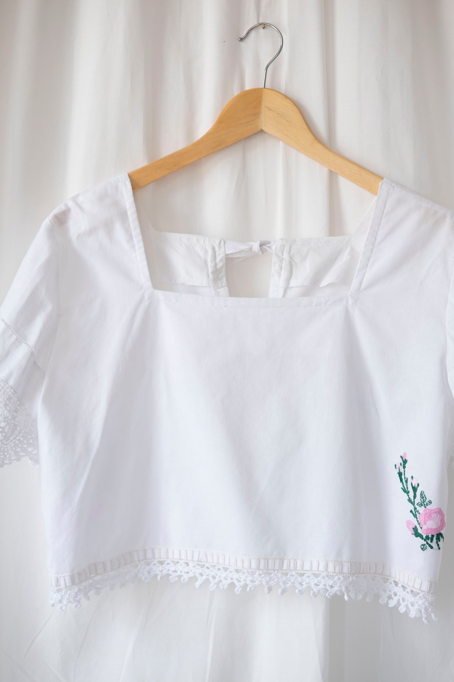 Gigi ~ Reworked Embroidered Crop Top with Tie Back - S