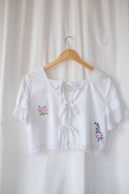 Gigi ~ Reworked Embroidered Crop Top with Tie Back - S