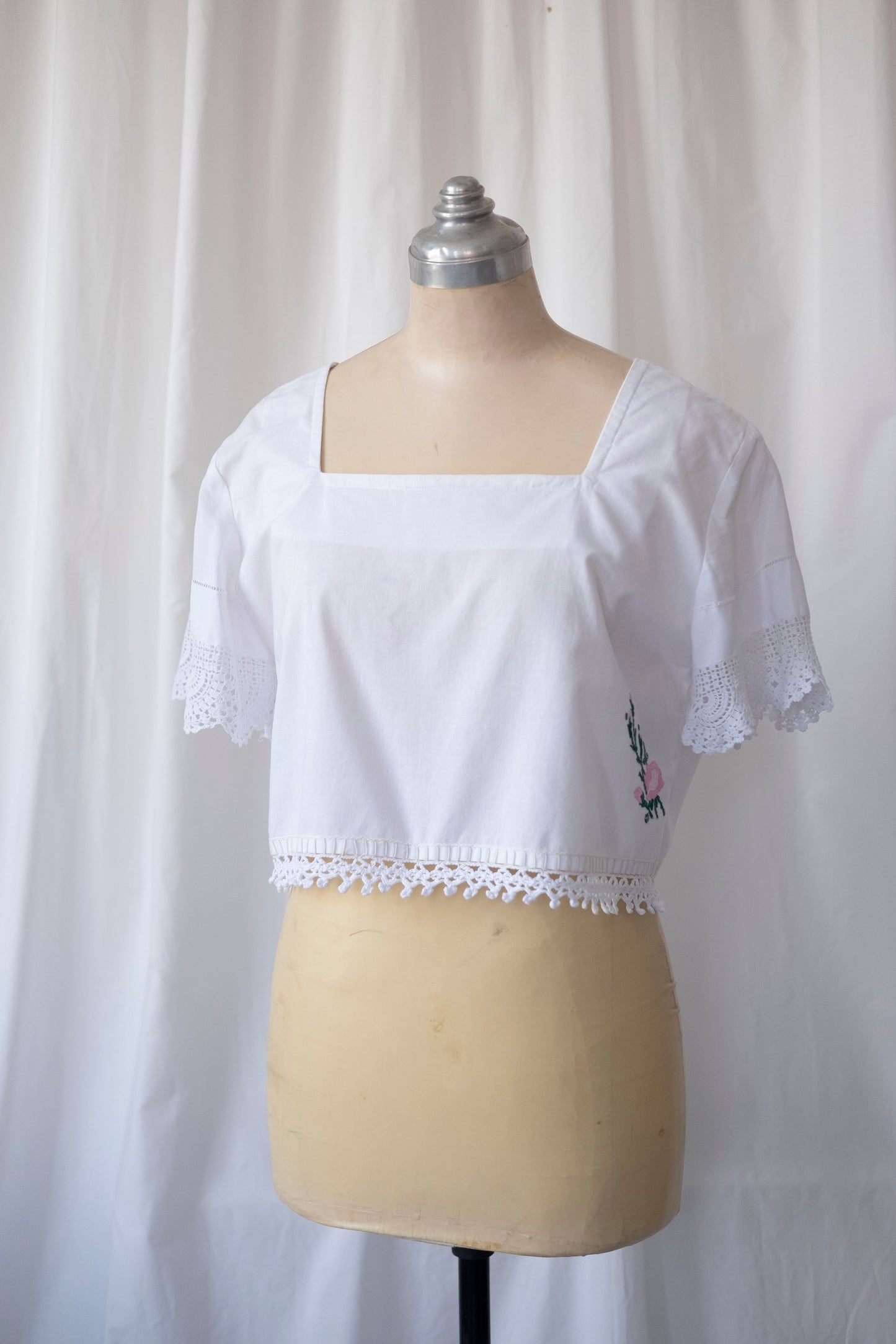 Gigi ~ Reworked Embroidered Crop Top with Tie Back - S