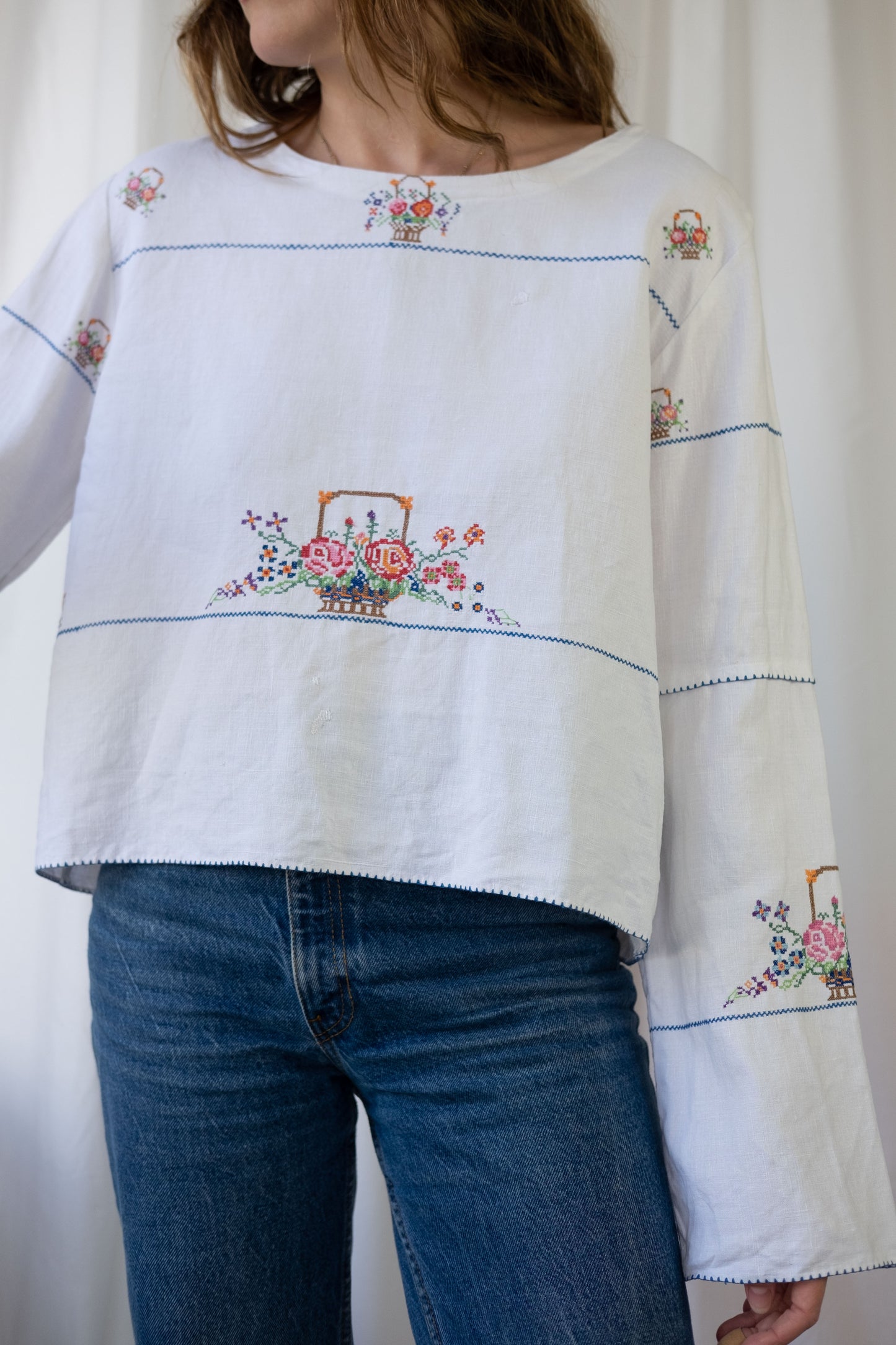 Rose ~ Reworked Vintage Linen Embroidered Long Sleeve - L