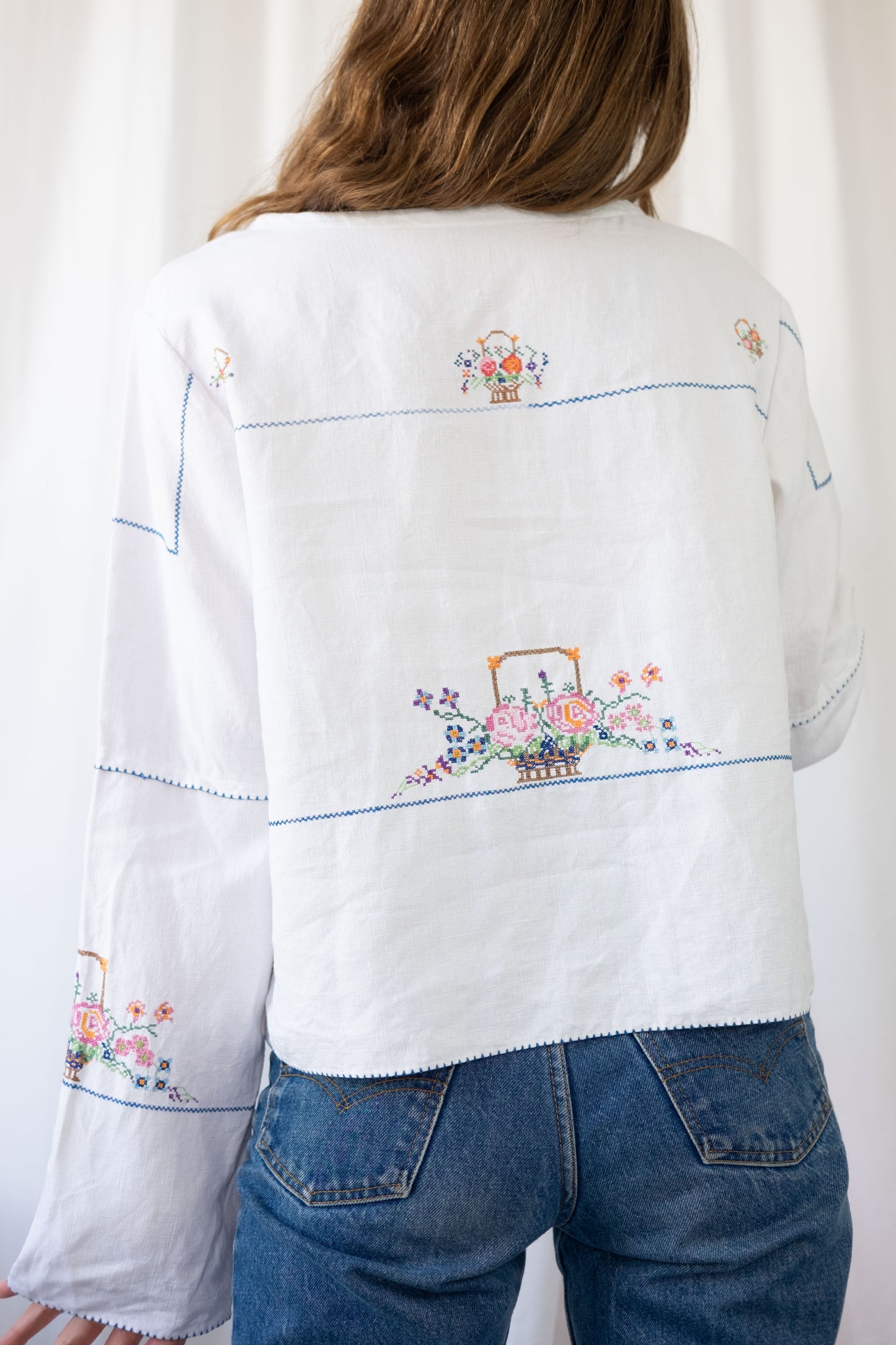 Rose ~ Reworked Vintage Linen Embroidered Long Sleeve - L