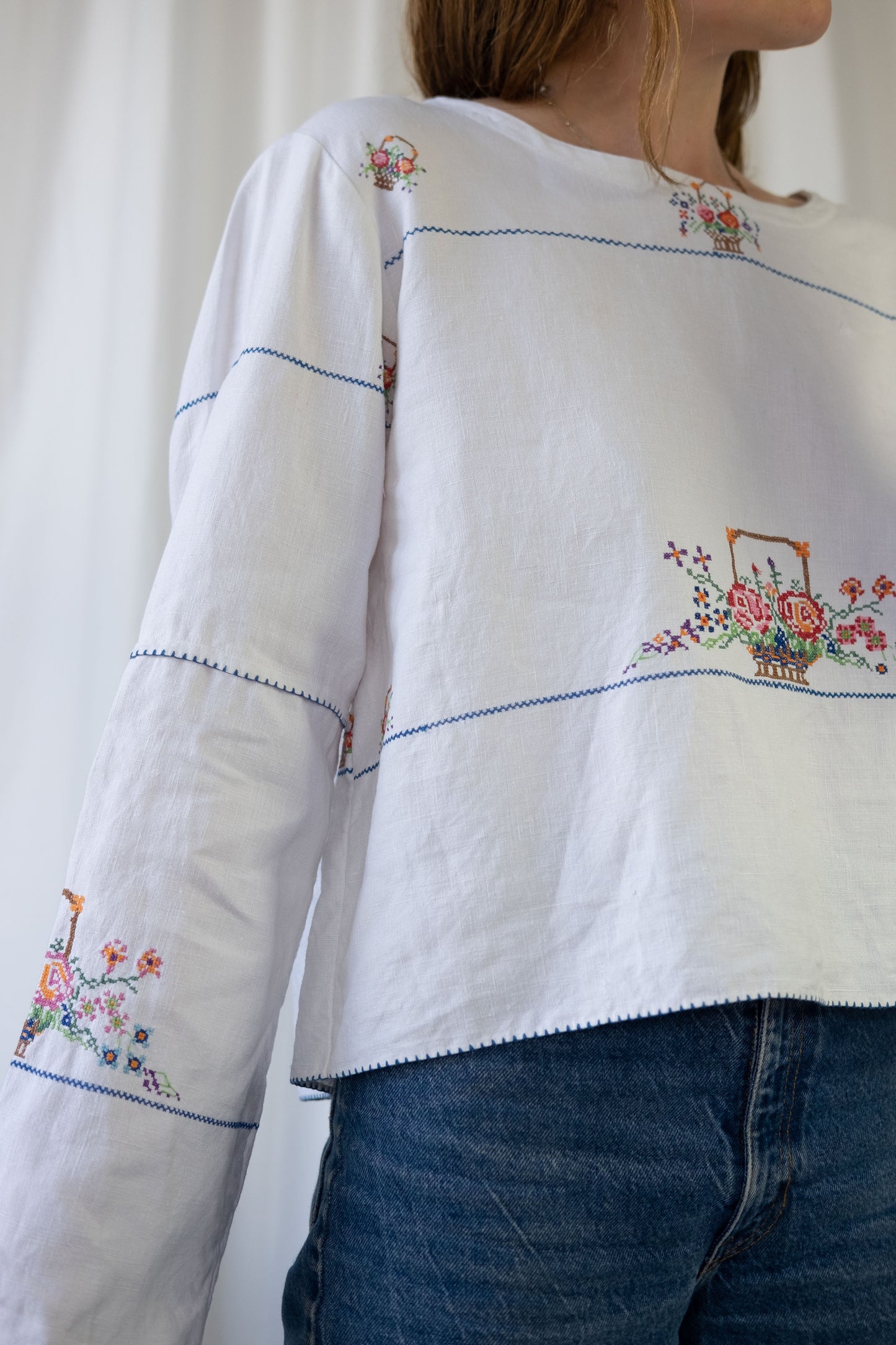 Rose ~ Reworked Vintage Linen Embroidered Long Sleeve - L