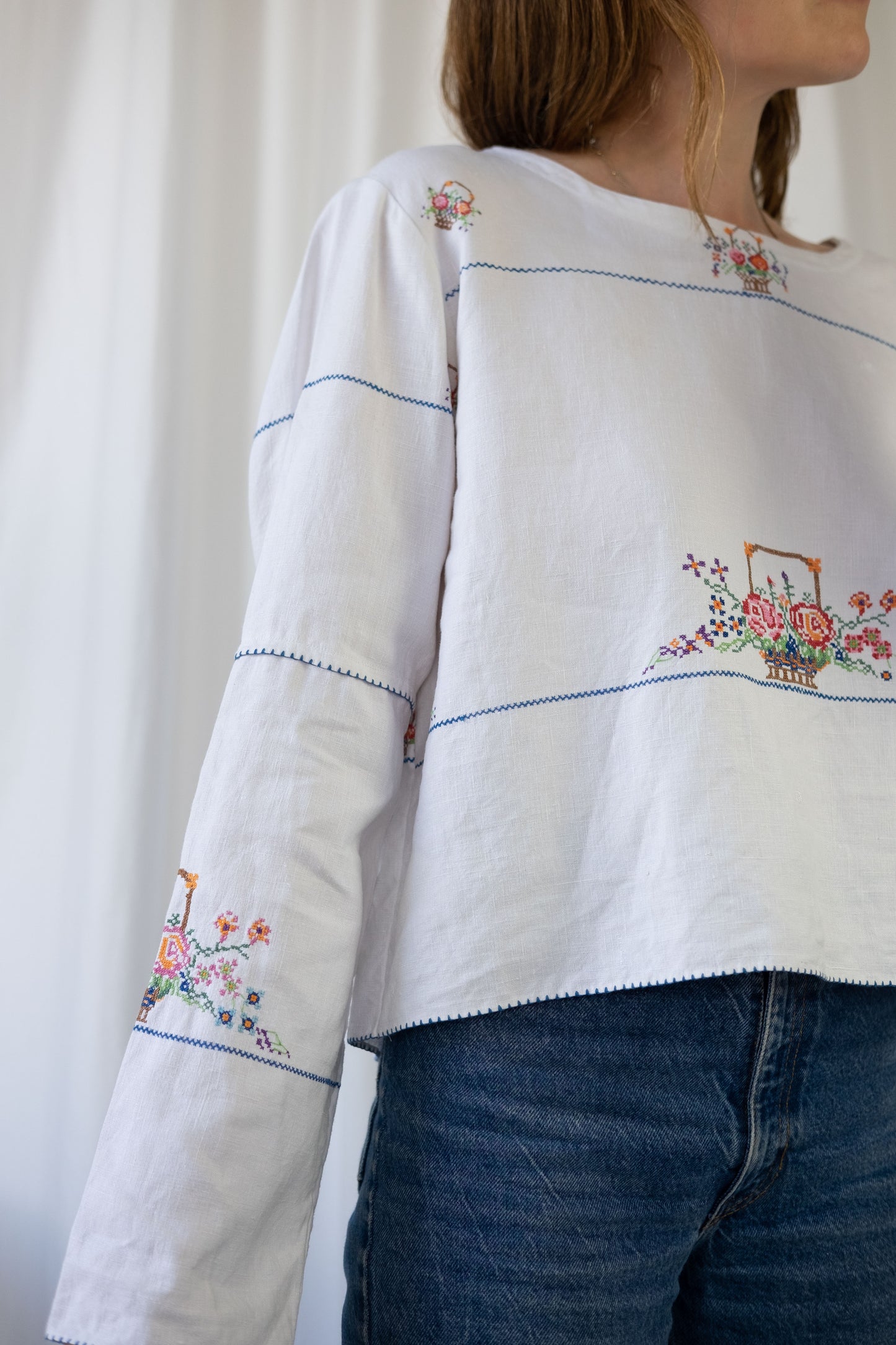 Rose ~ Reworked Vintage Linen Embroidered Long Sleeve - L