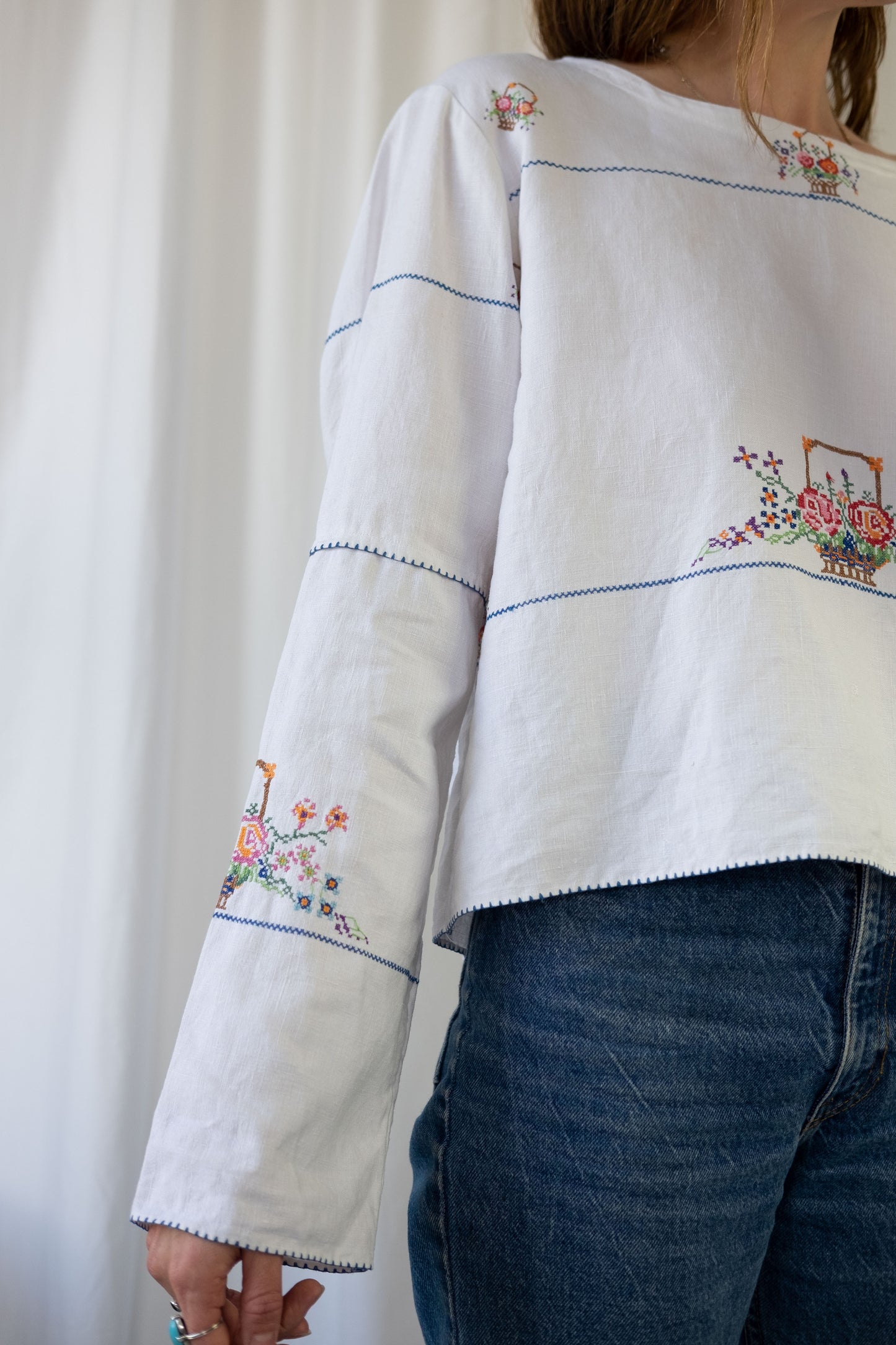 Rose ~ Reworked Vintage Linen Embroidered Long Sleeve - L