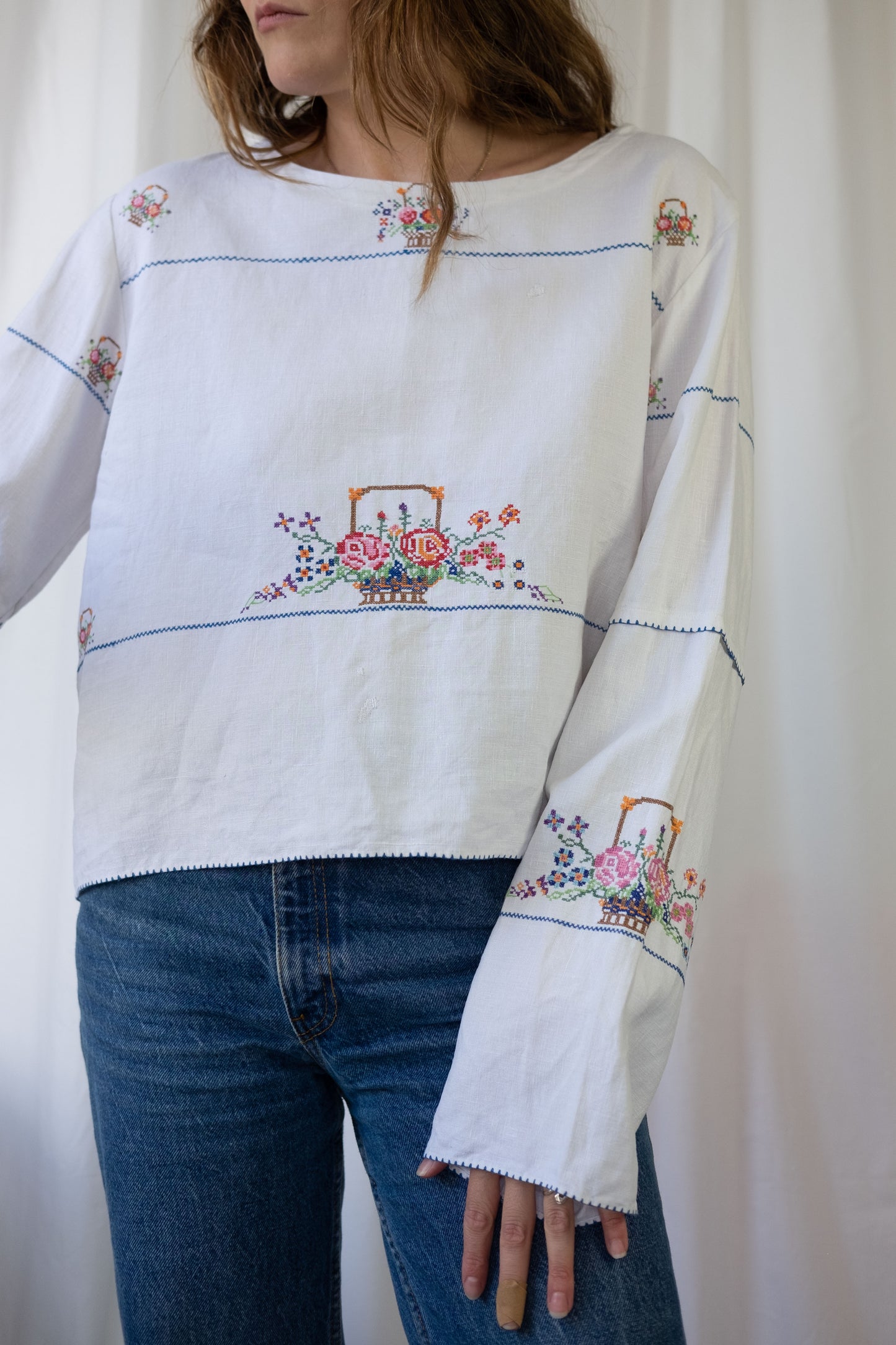 Rose ~ Reworked Vintage Linen Embroidered Long Sleeve - L