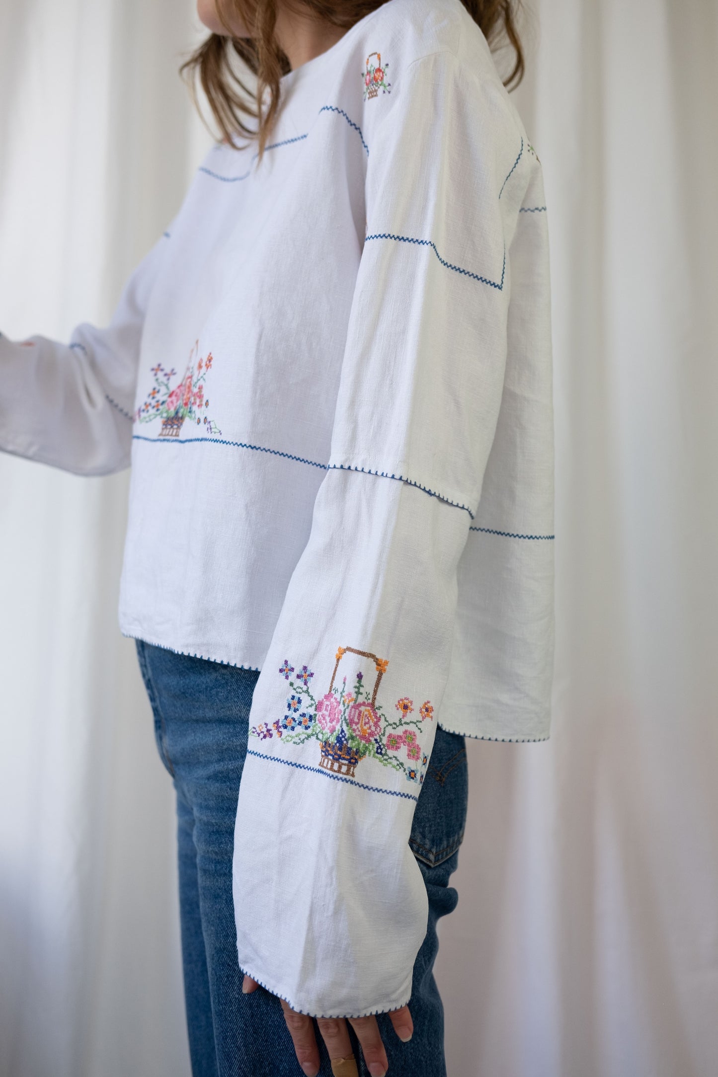 Rose ~ Reworked Vintage Linen Embroidered Long Sleeve - L