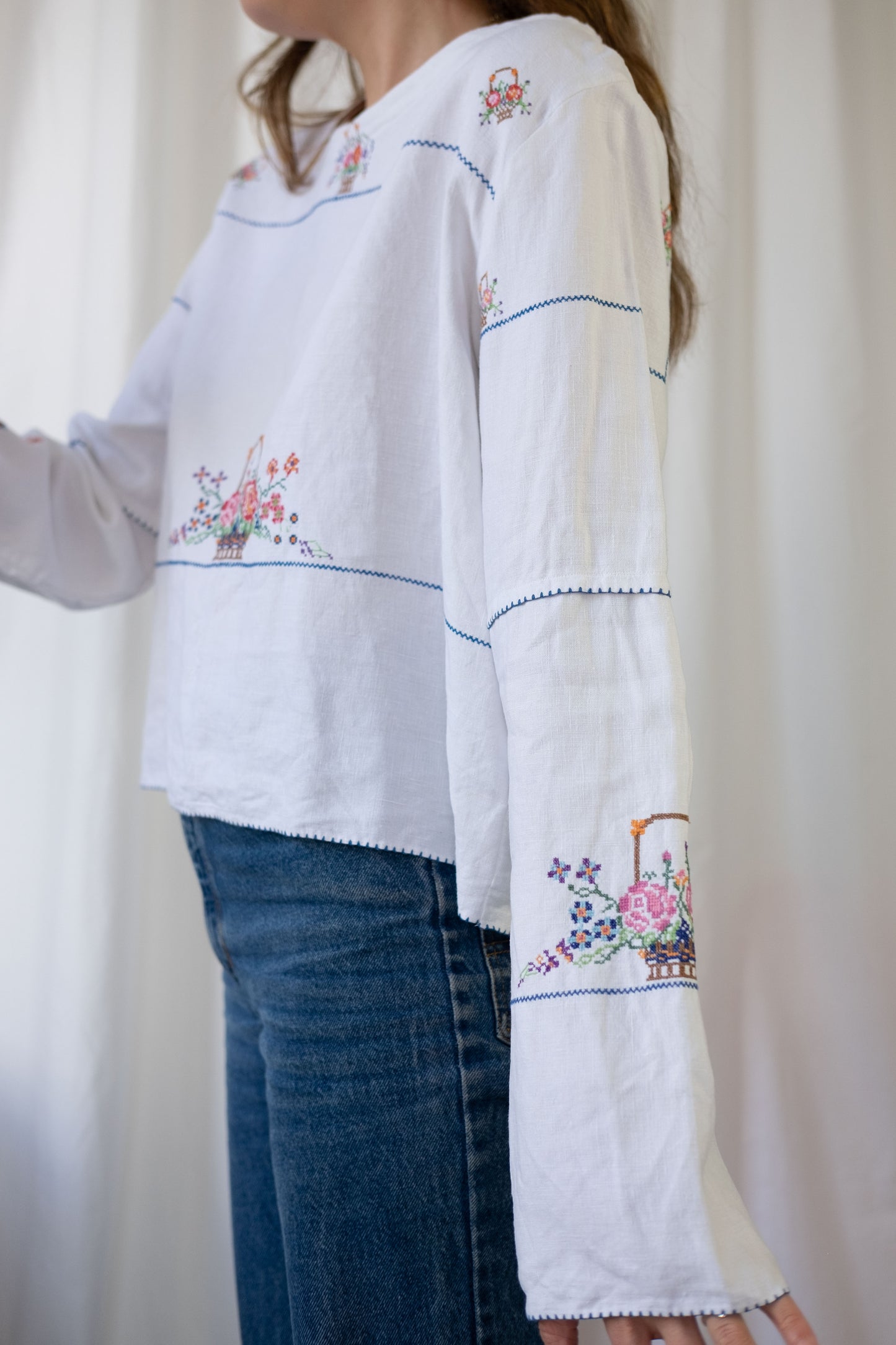 Rose ~ Reworked Vintage Linen Embroidered Long Sleeve - L