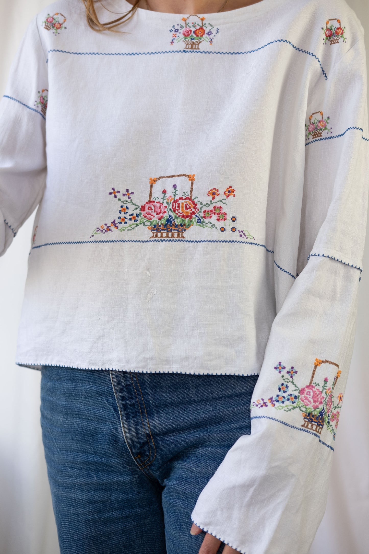 Rose ~ Reworked Vintage Linen Embroidered Long Sleeve - L