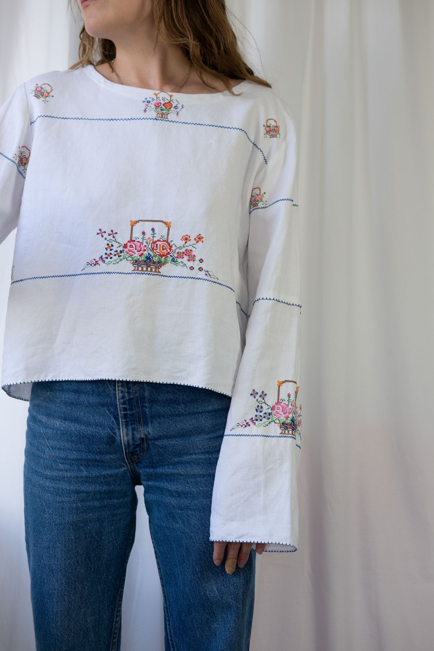 Rose ~ Reworked Vintage Linen Embroidered Long Sleeve - L