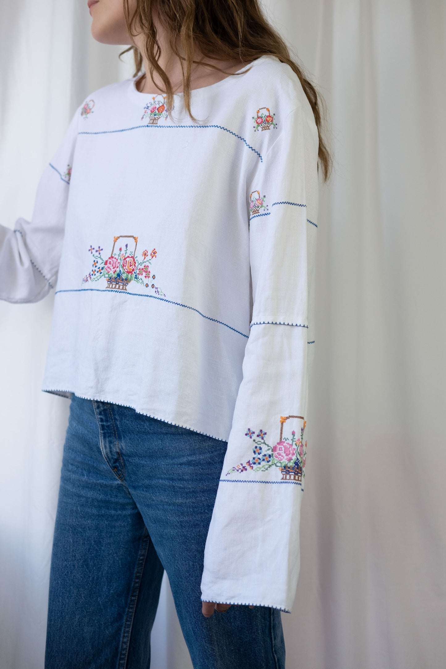 Rose ~ Reworked Vintage Linen Embroidered Long Sleeve - L