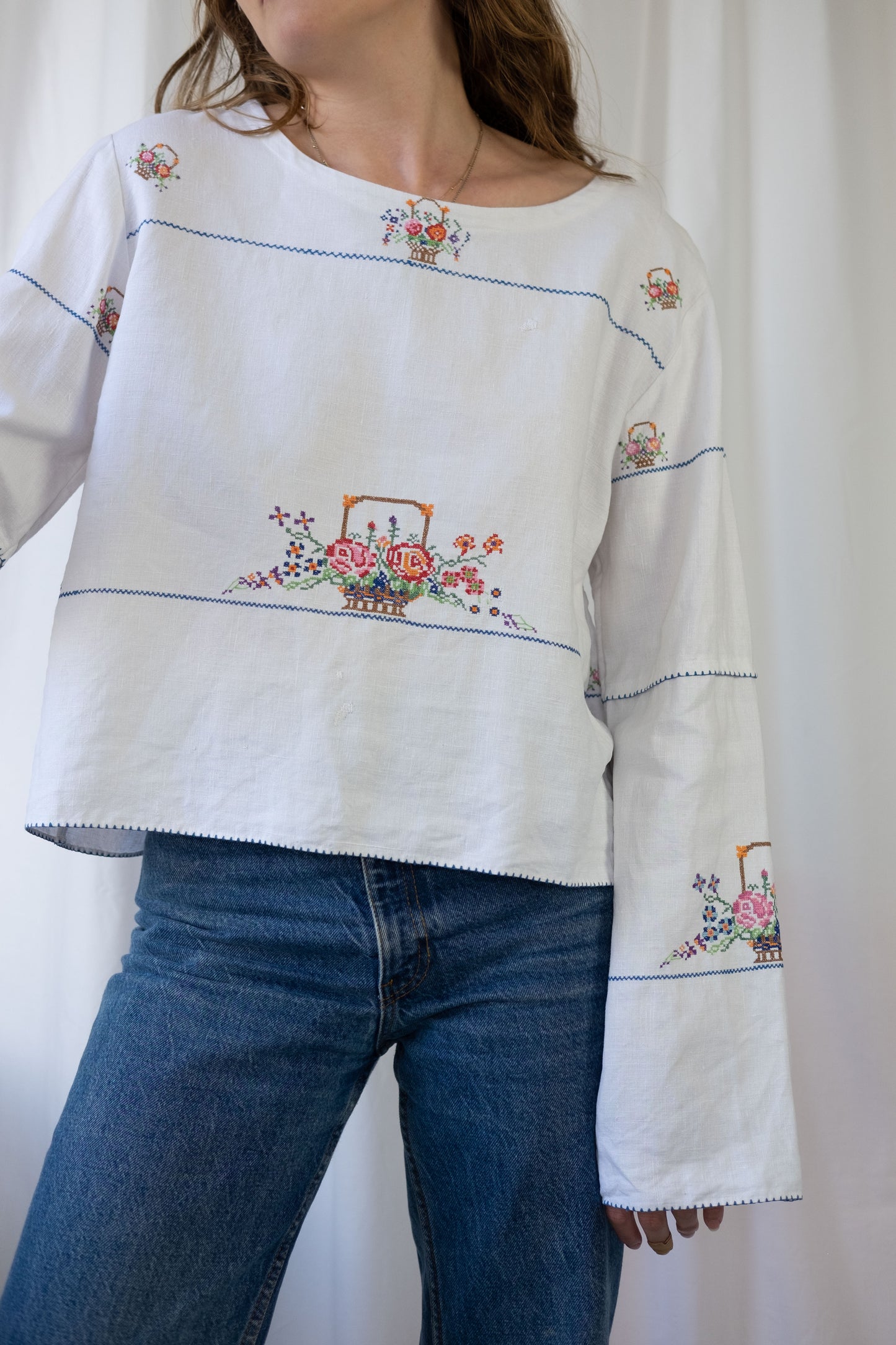 Rose ~ Reworked Vintage Linen Embroidered Long Sleeve - L