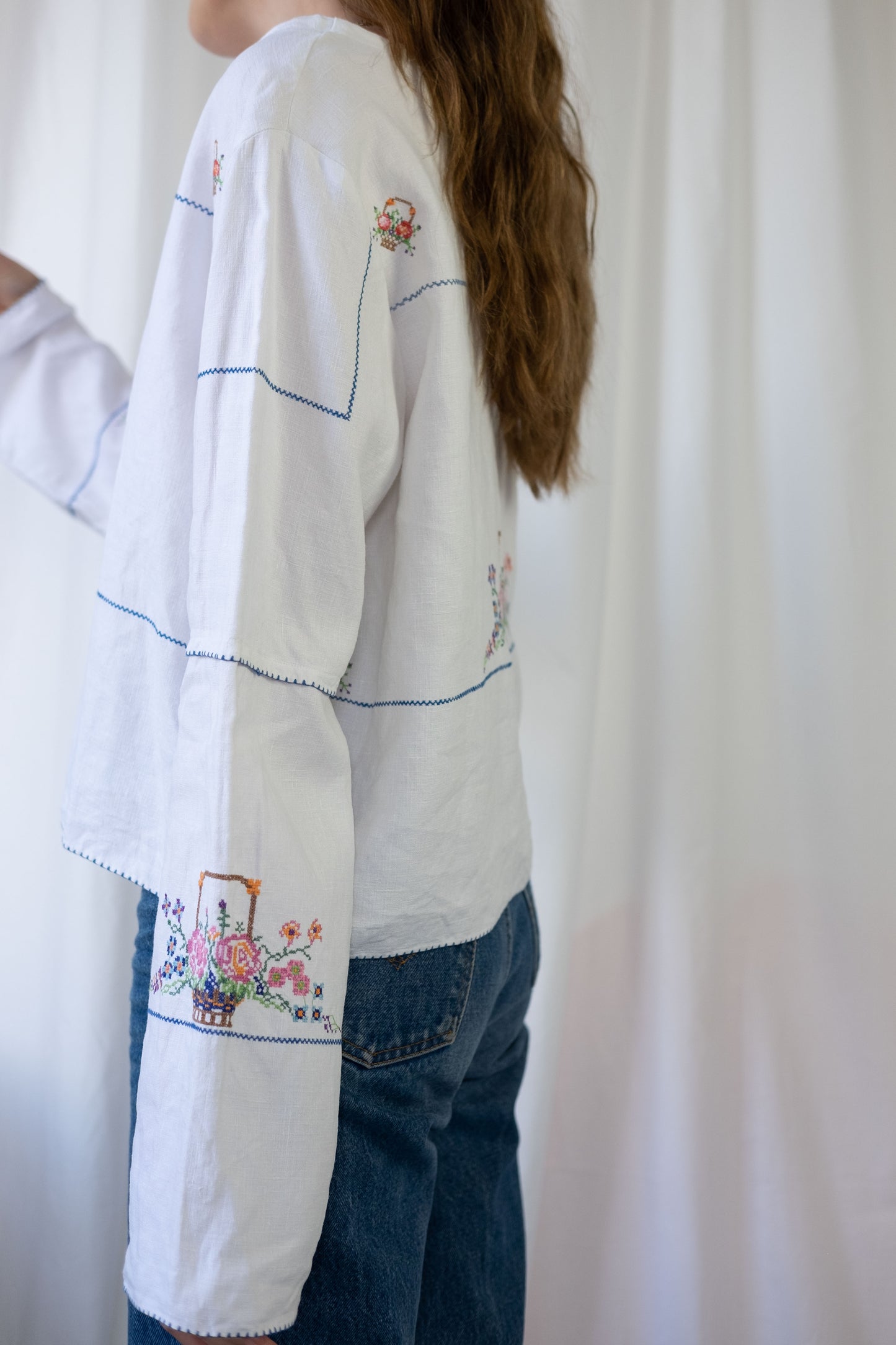 Rose ~ Reworked Vintage Linen Embroidered Long Sleeve - L