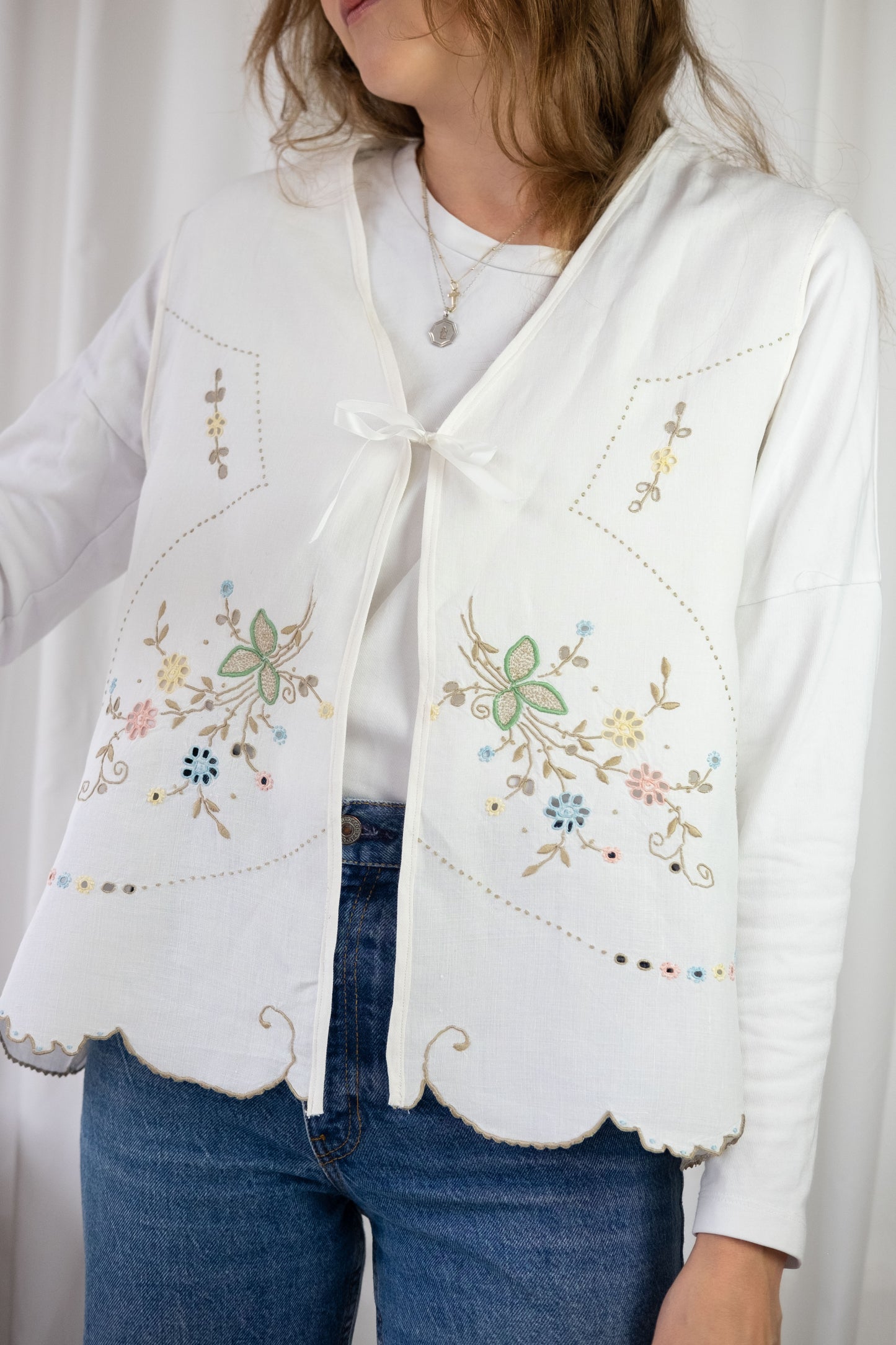 Sweet Pea ~ Reworked Vintage Linen Embroidered Waistcoat - M