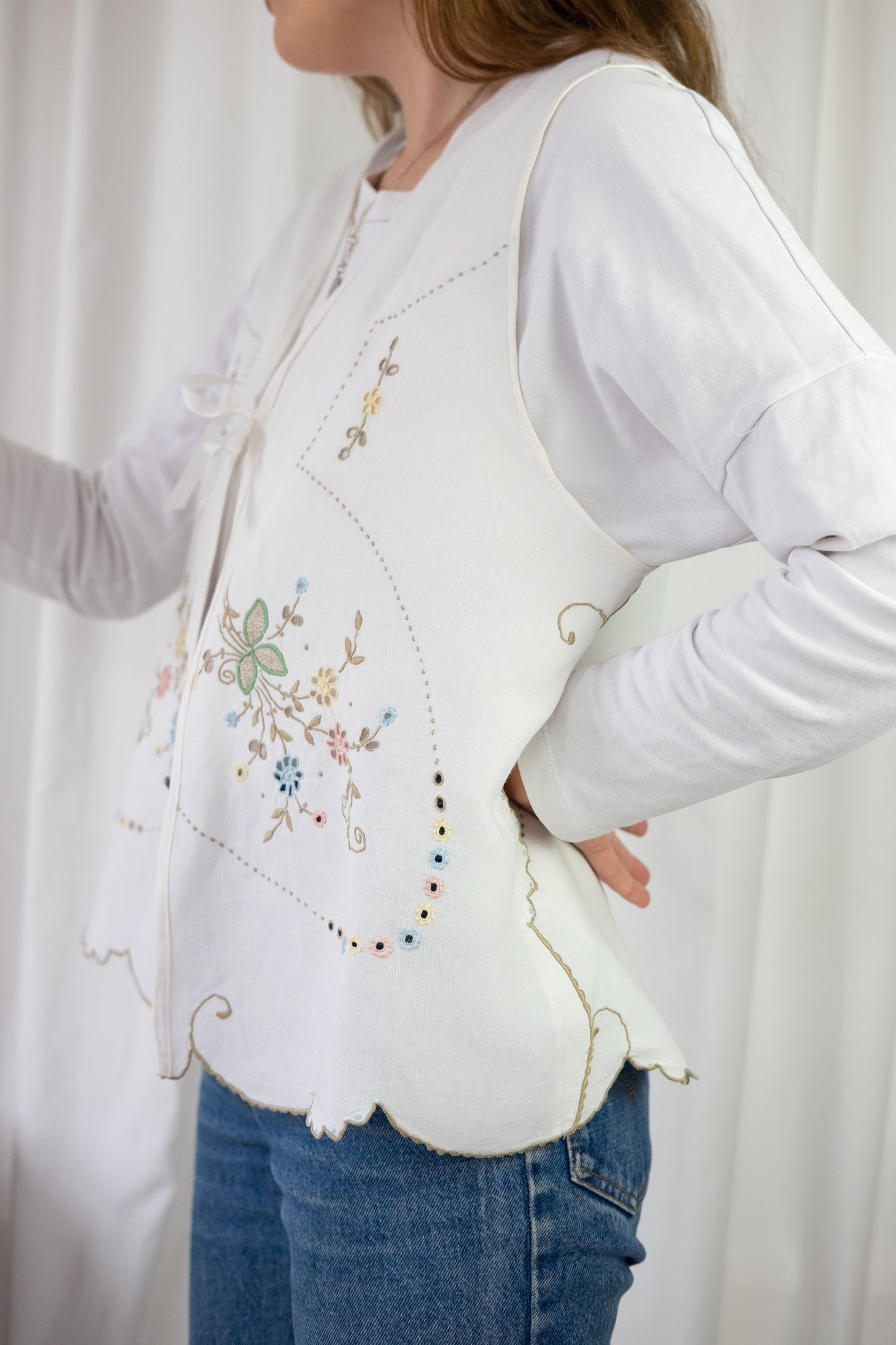 Sweet Pea ~ Reworked Vintage Linen Embroidered Waistcoat - M