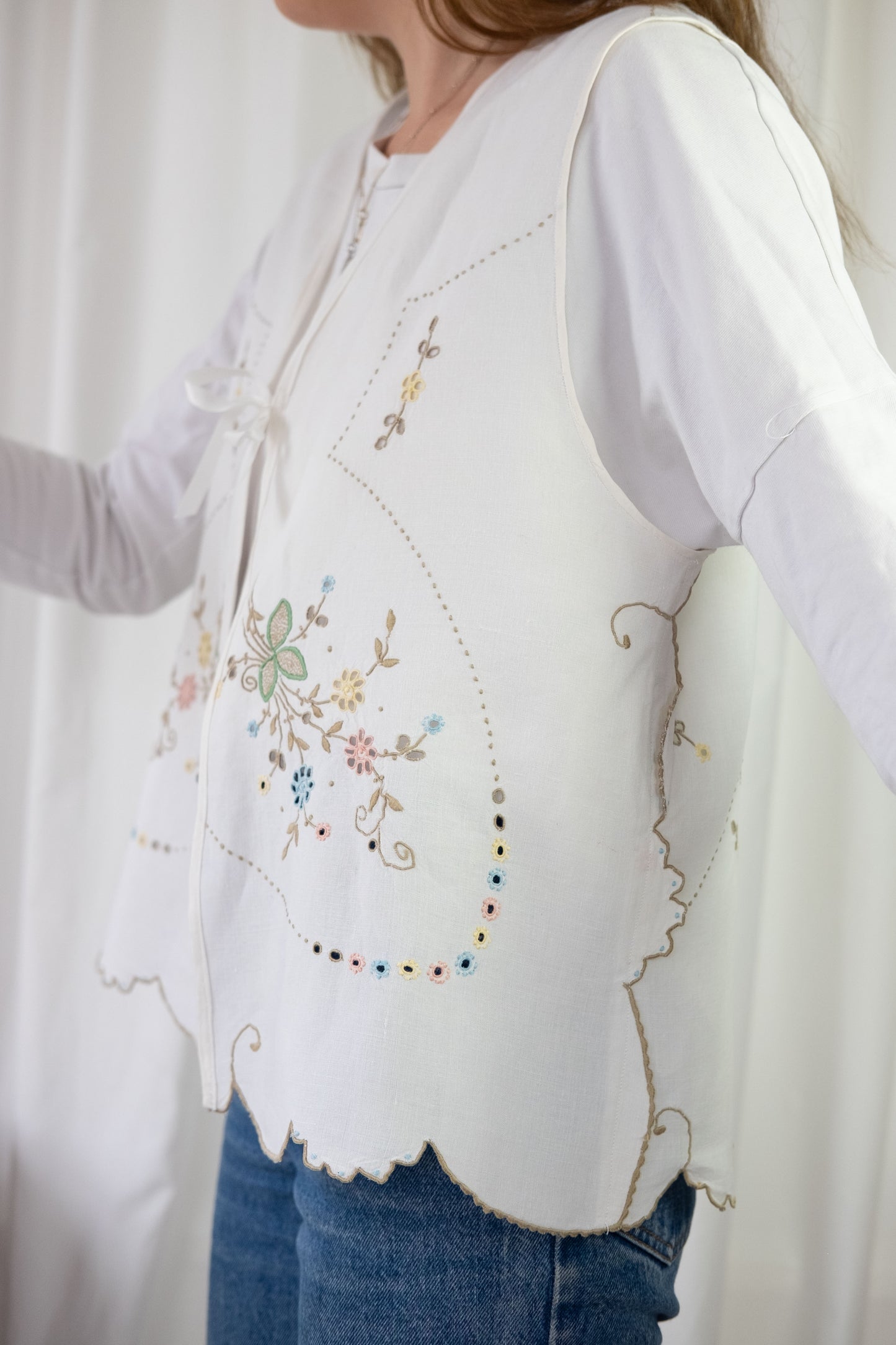 Sweet Pea ~ Reworked Vintage Linen Embroidered Waistcoat - M