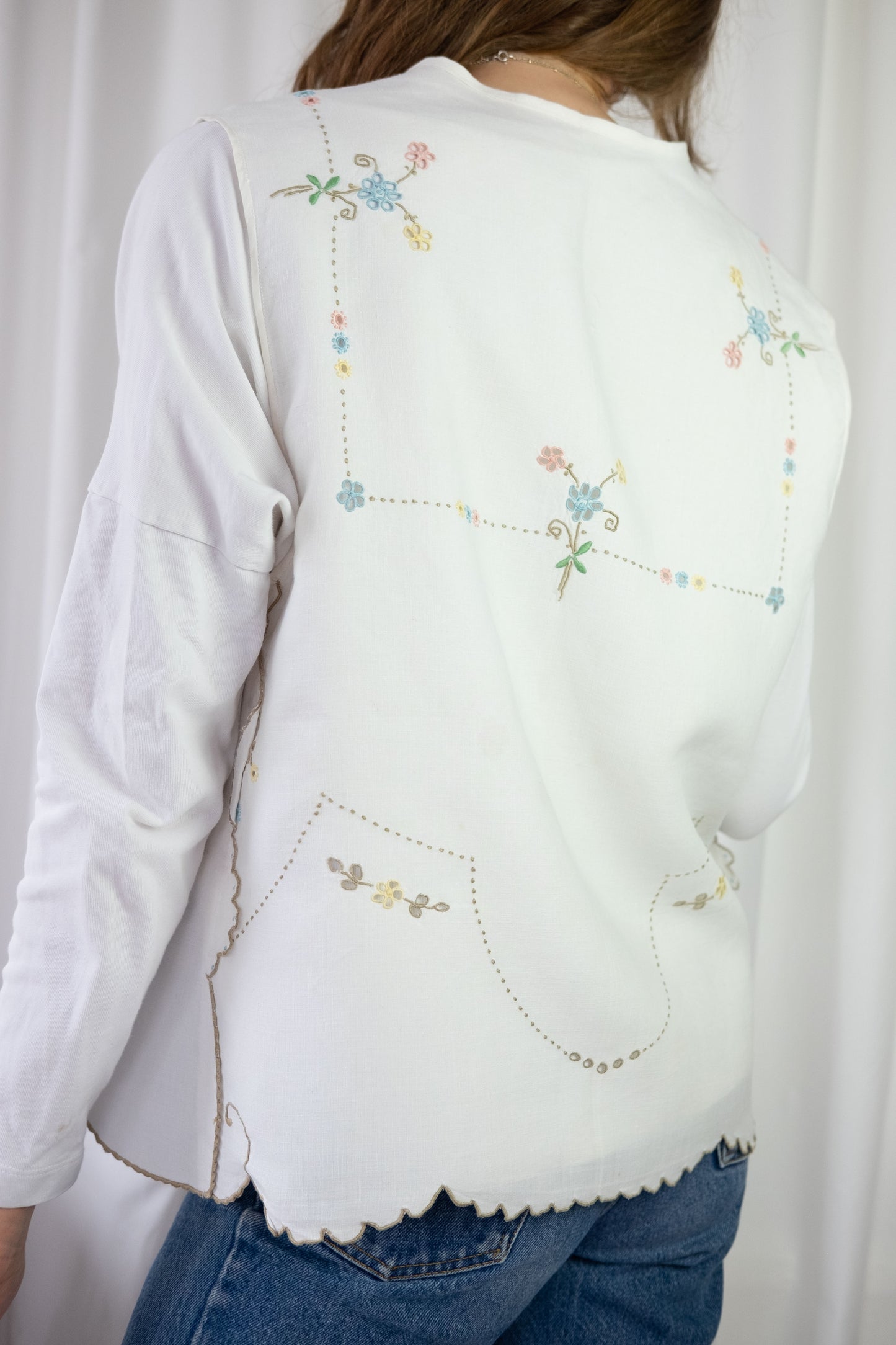 Sweet Pea ~ Reworked Vintage Linen Embroidered Waistcoat - M