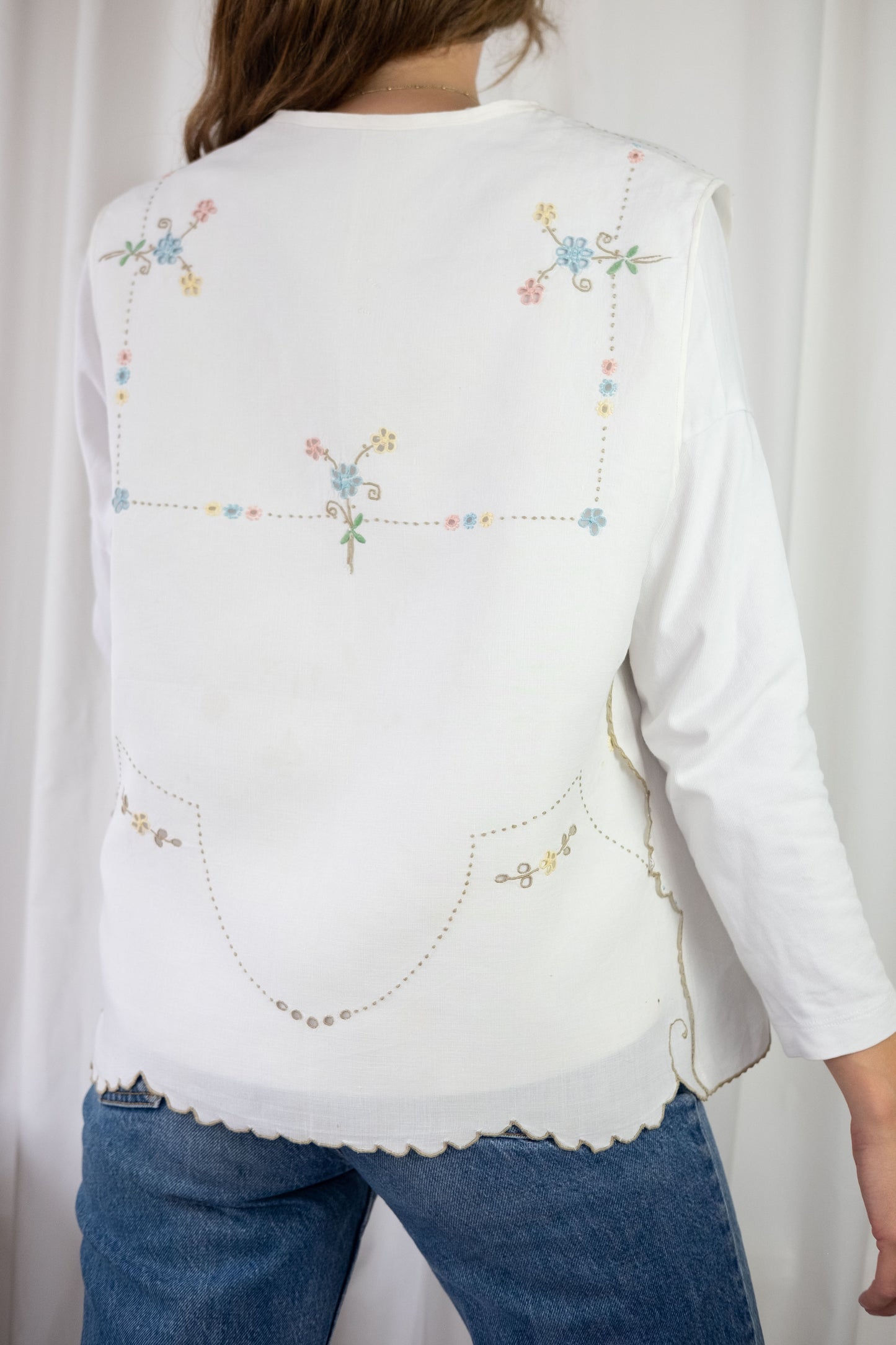 Sweet Pea ~ Reworked Vintage Linen Embroidered Waistcoat - M