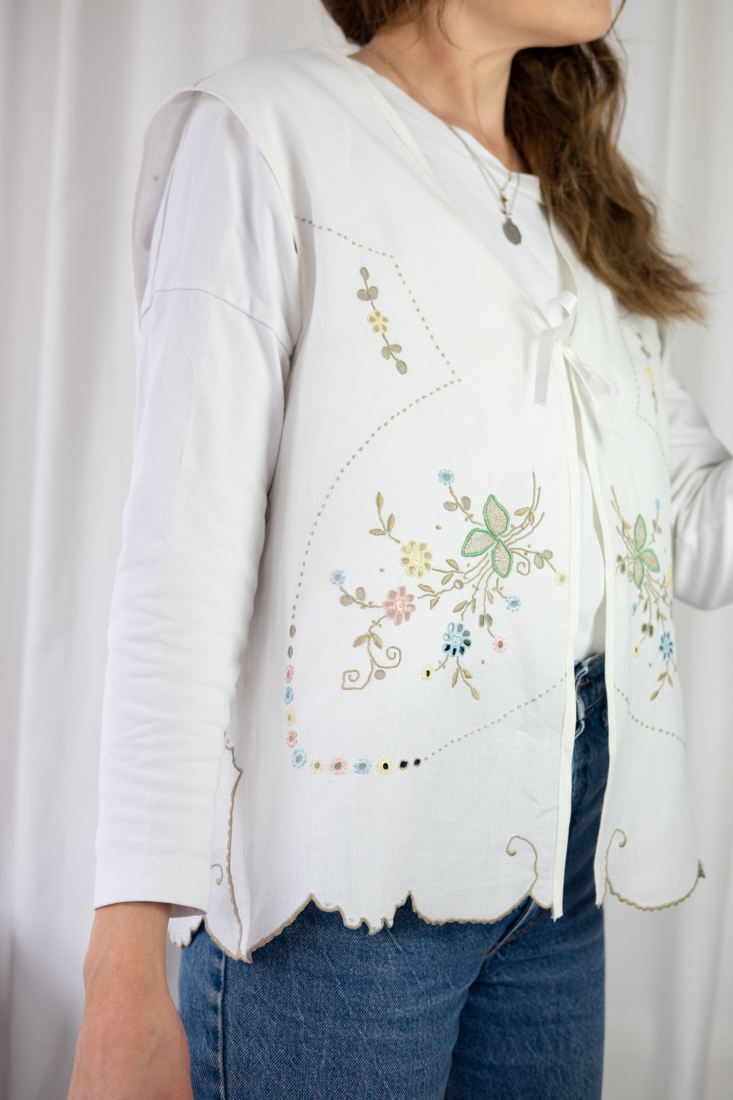 Sweet Pea ~ Reworked Vintage Linen Embroidered Waistcoat - M