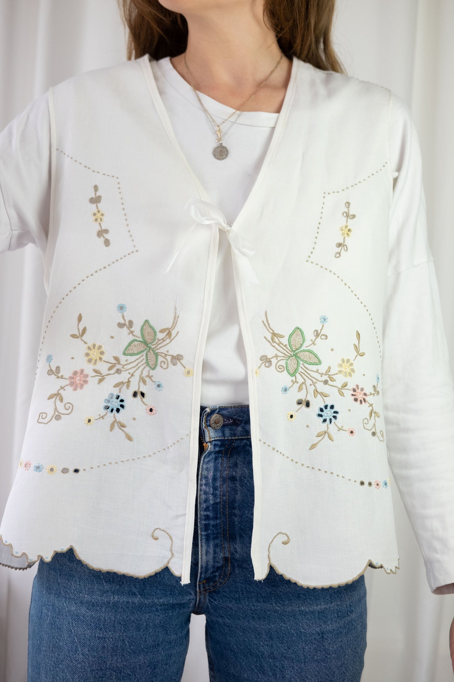 Sweet Pea ~ Reworked Vintage Linen Embroidered Waistcoat - M