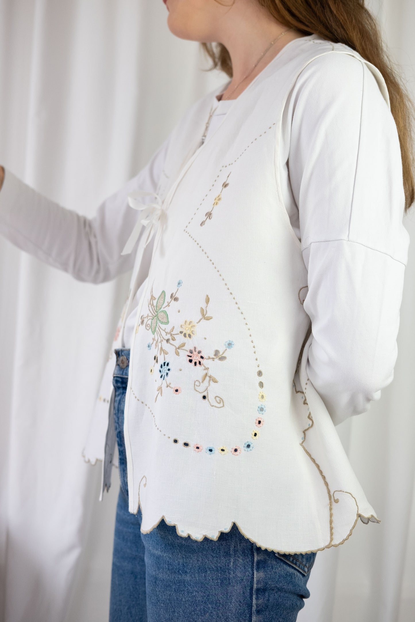 Sweet Pea ~ Reworked Vintage Linen Embroidered Waistcoat - M