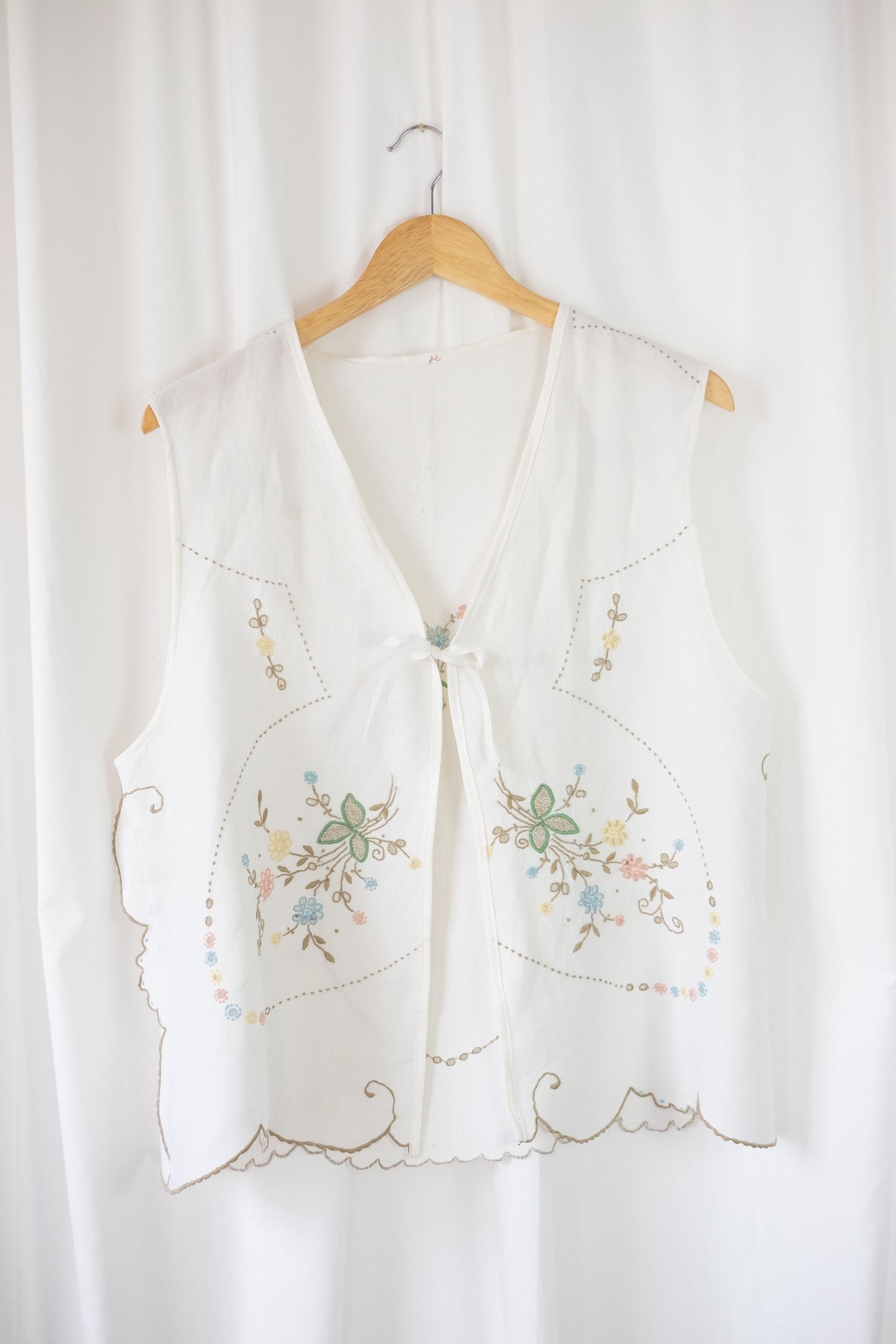 Sweet Pea ~ Reworked Vintage Linen Embroidered Waistcoat - M