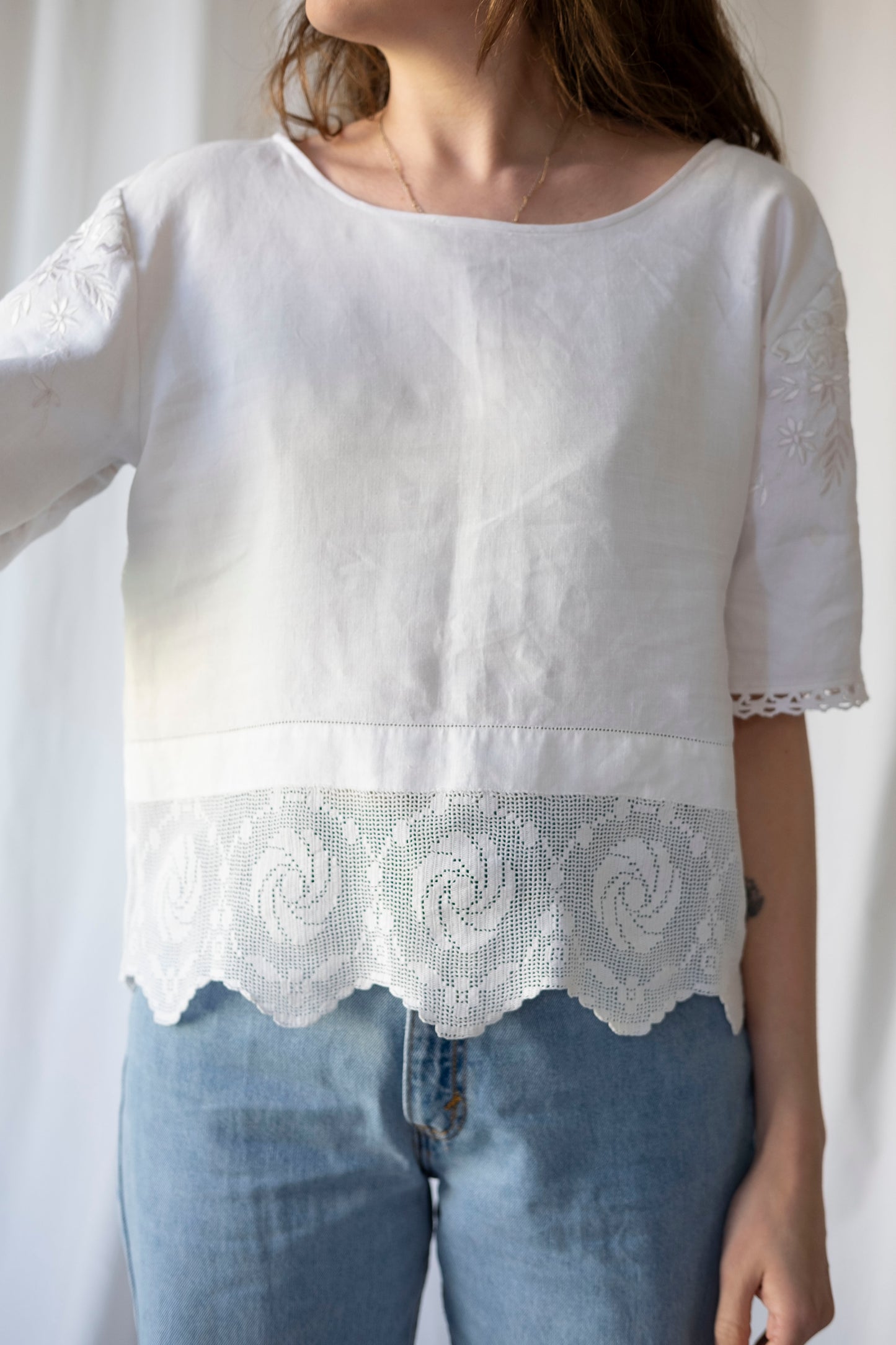 Primrose ~ Reworked Linen & Crochet Tee ~ M/L