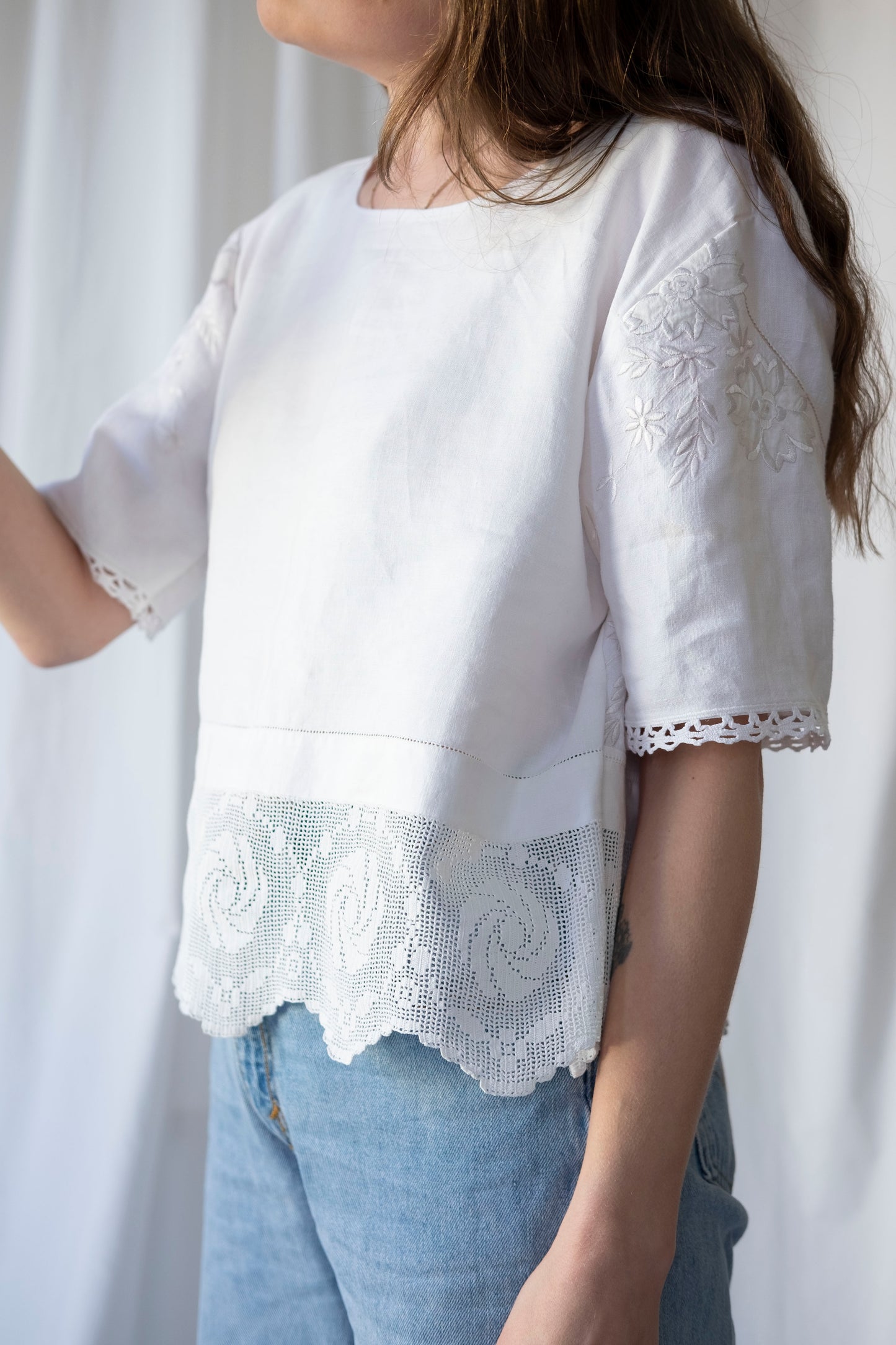 Primrose ~ Reworked Linen & Crochet Tee ~ M/L