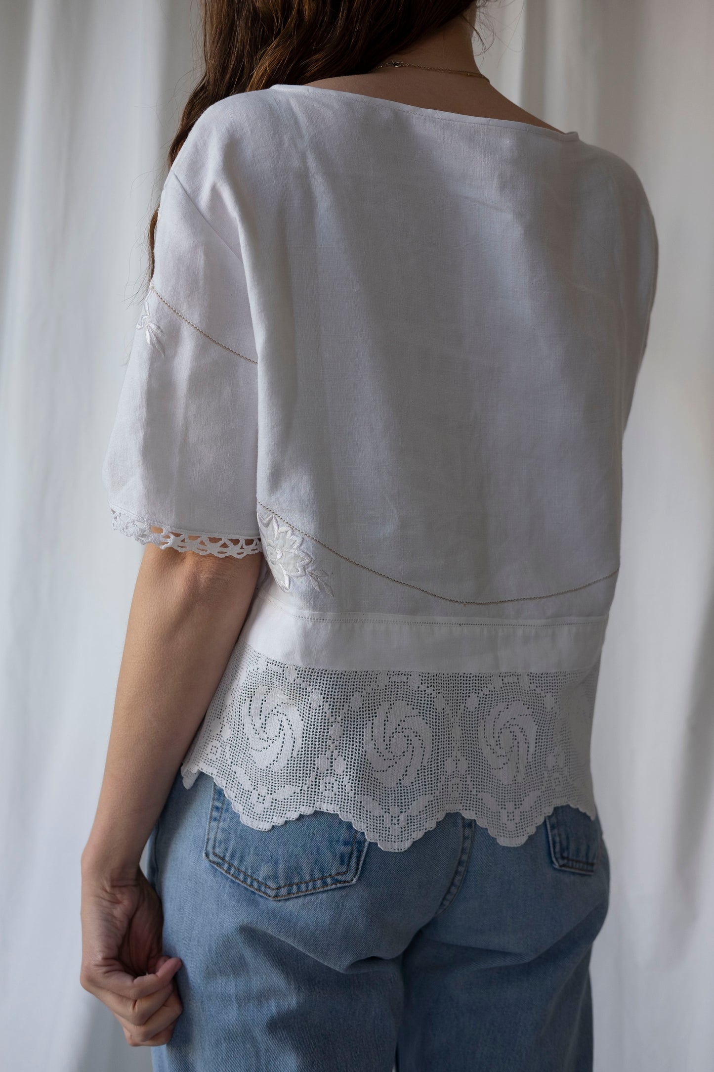 Primrose ~ Reworked Linen & Crochet Tee ~ M/L