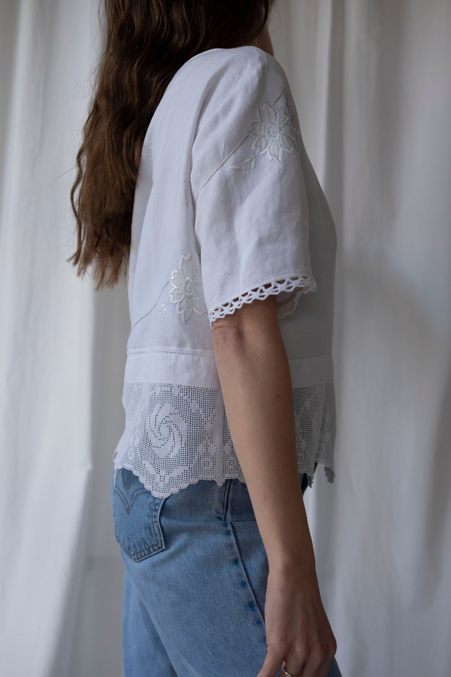 Primrose ~ Reworked Linen & Crochet Tee ~ M/L