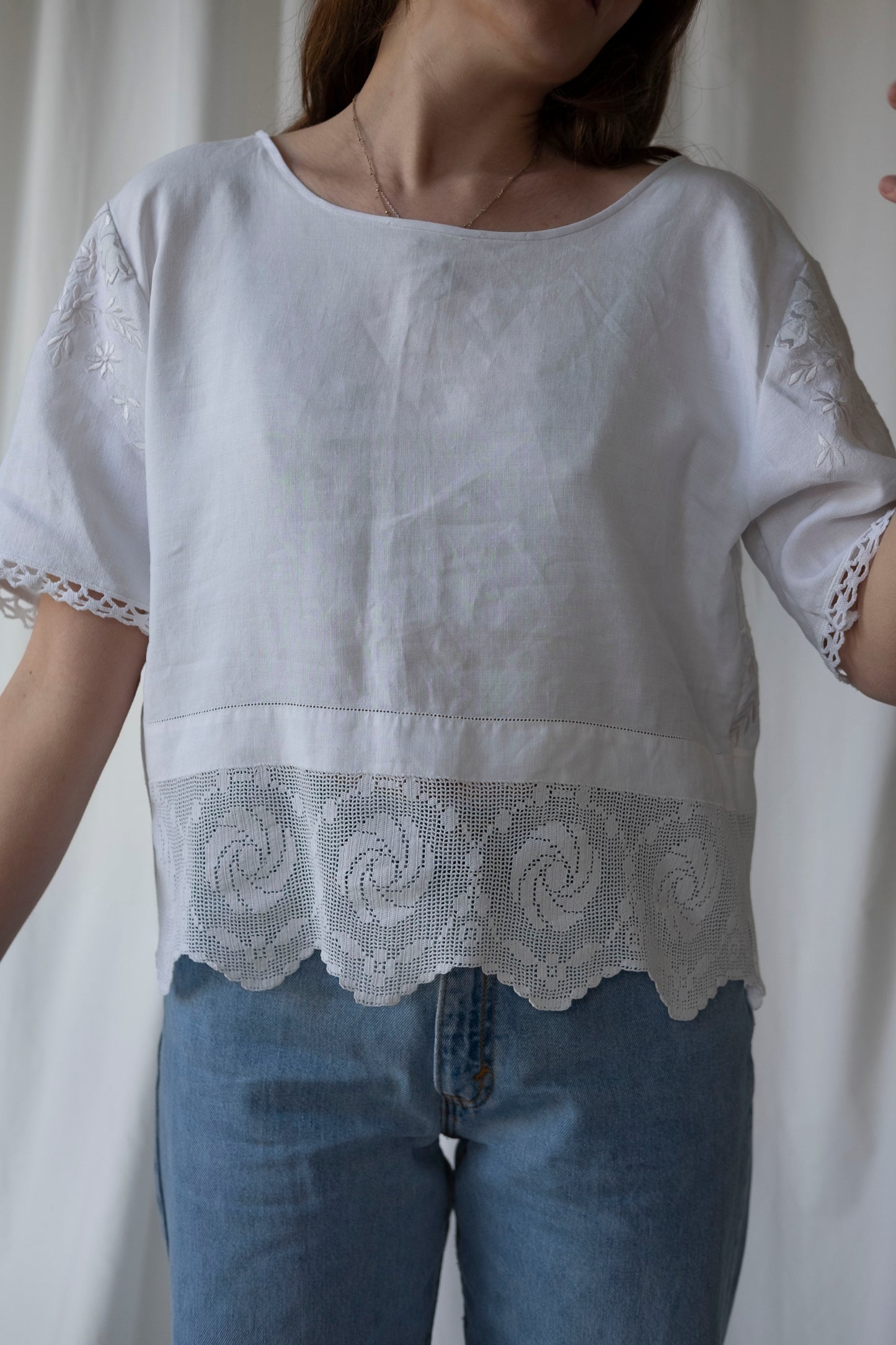 Primrose ~ Reworked Linen & Crochet Tee ~ M/L