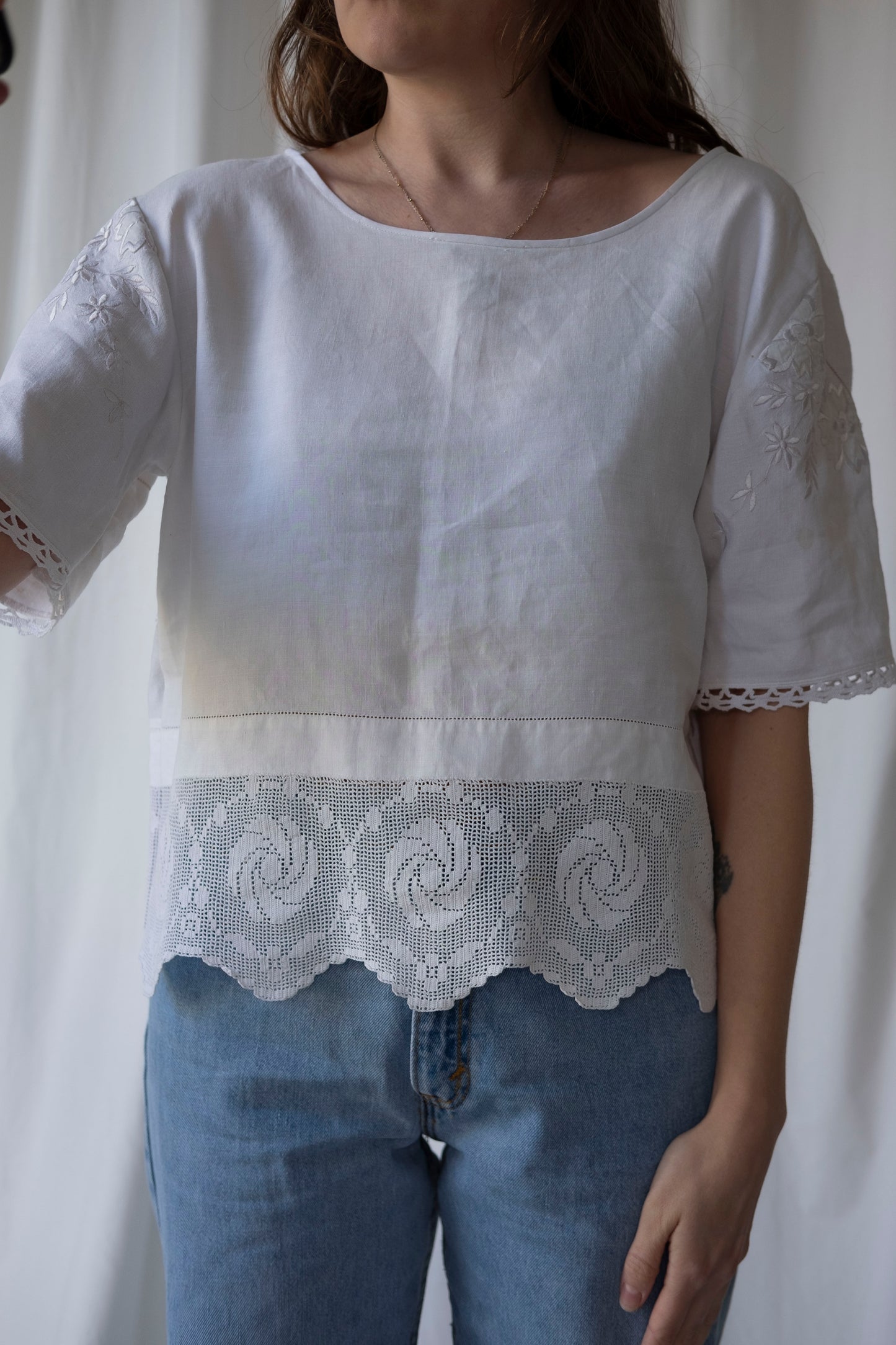 Primrose ~ Reworked Linen & Crochet Tee ~ M/L