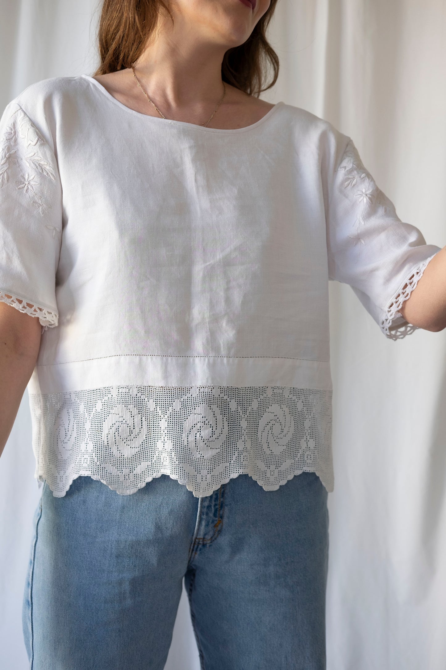 Primrose ~ Reworked Linen & Crochet Tee ~ M/L