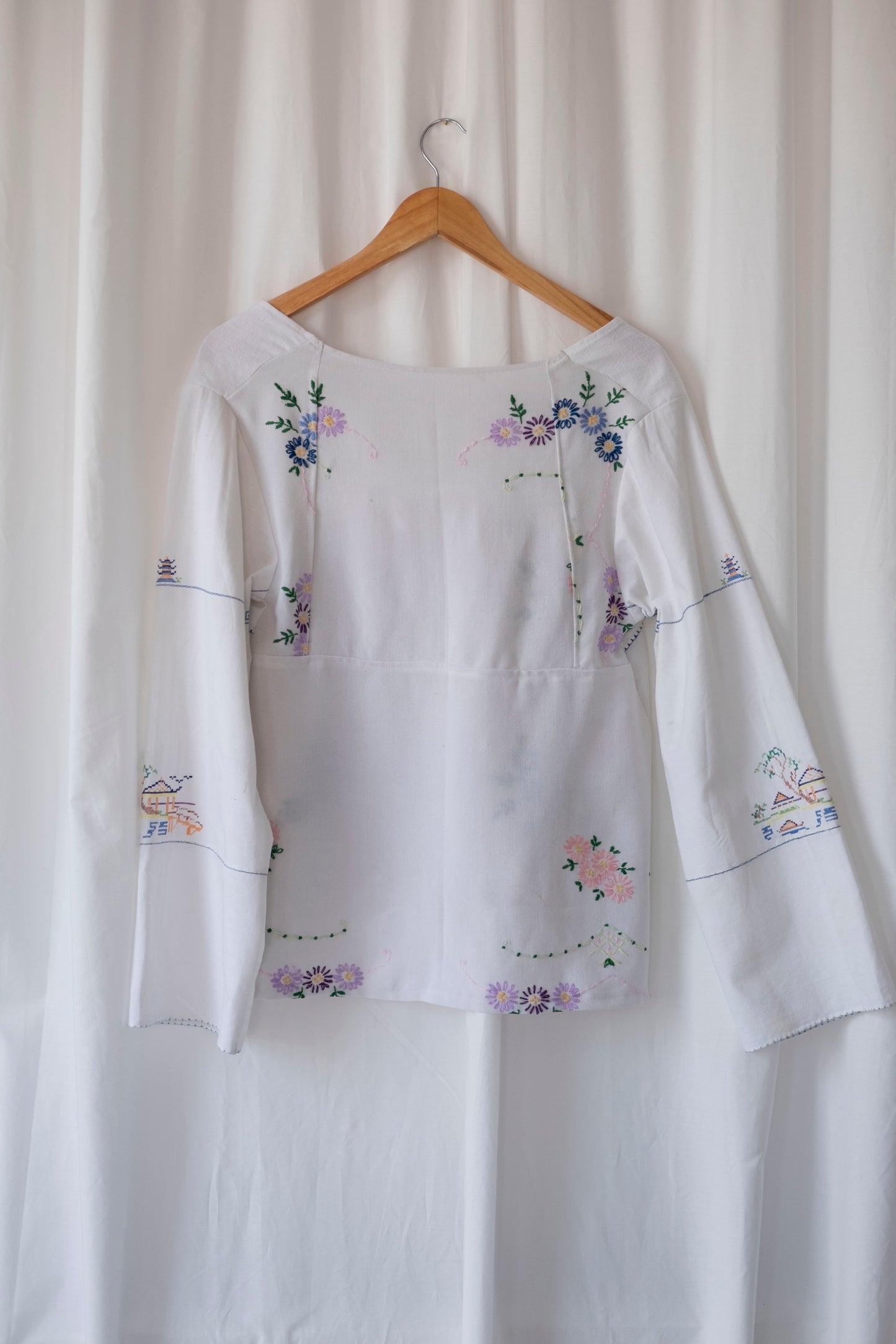 Hyacinth ~ Reworked Embroidered Tie Blouse ~ S