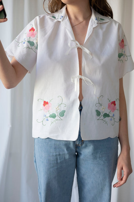 Camellia ~ Reworked Embroidered Tie Blouse ~ M